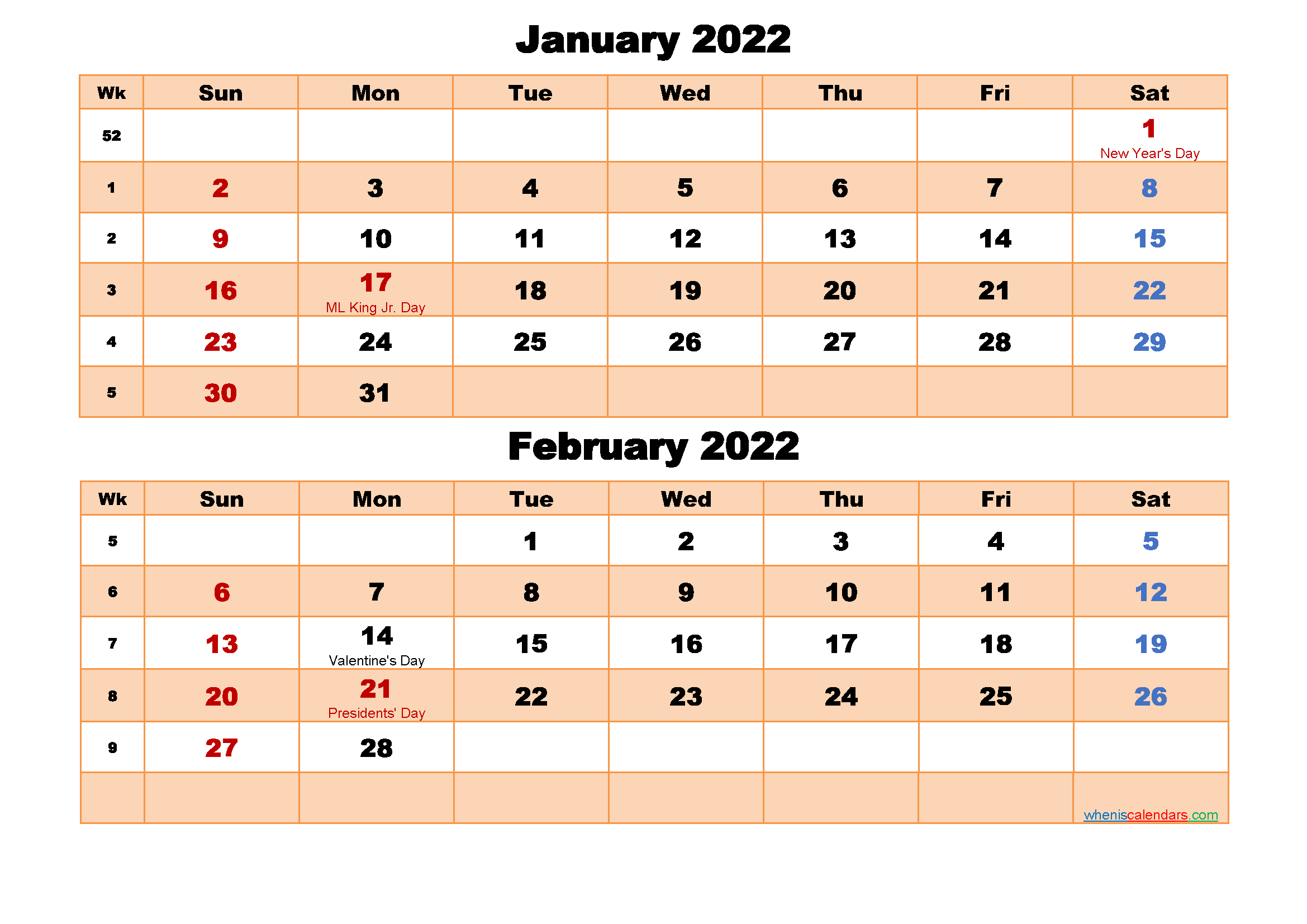 January and February Calendar 2022 Printable Word, PDF
