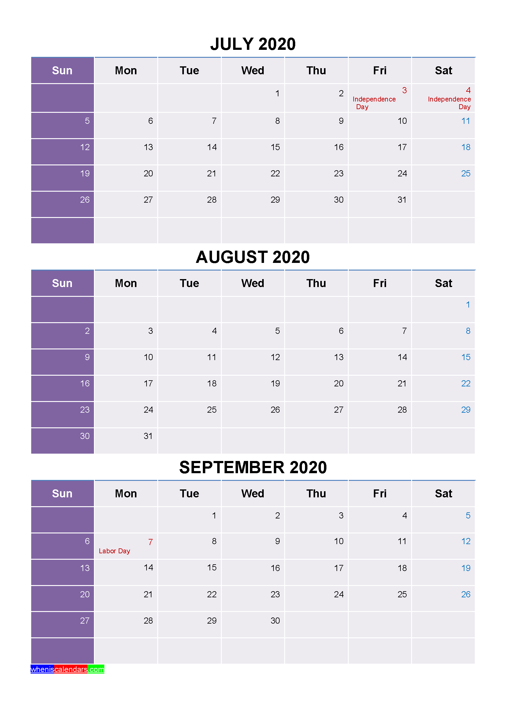 Printable July August September 2020 Calendar with Holidays