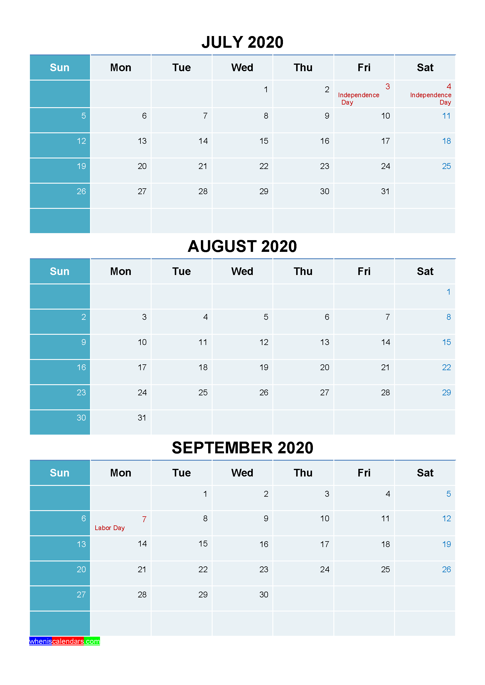 July August September 2020 Calendar with Holidays Printable