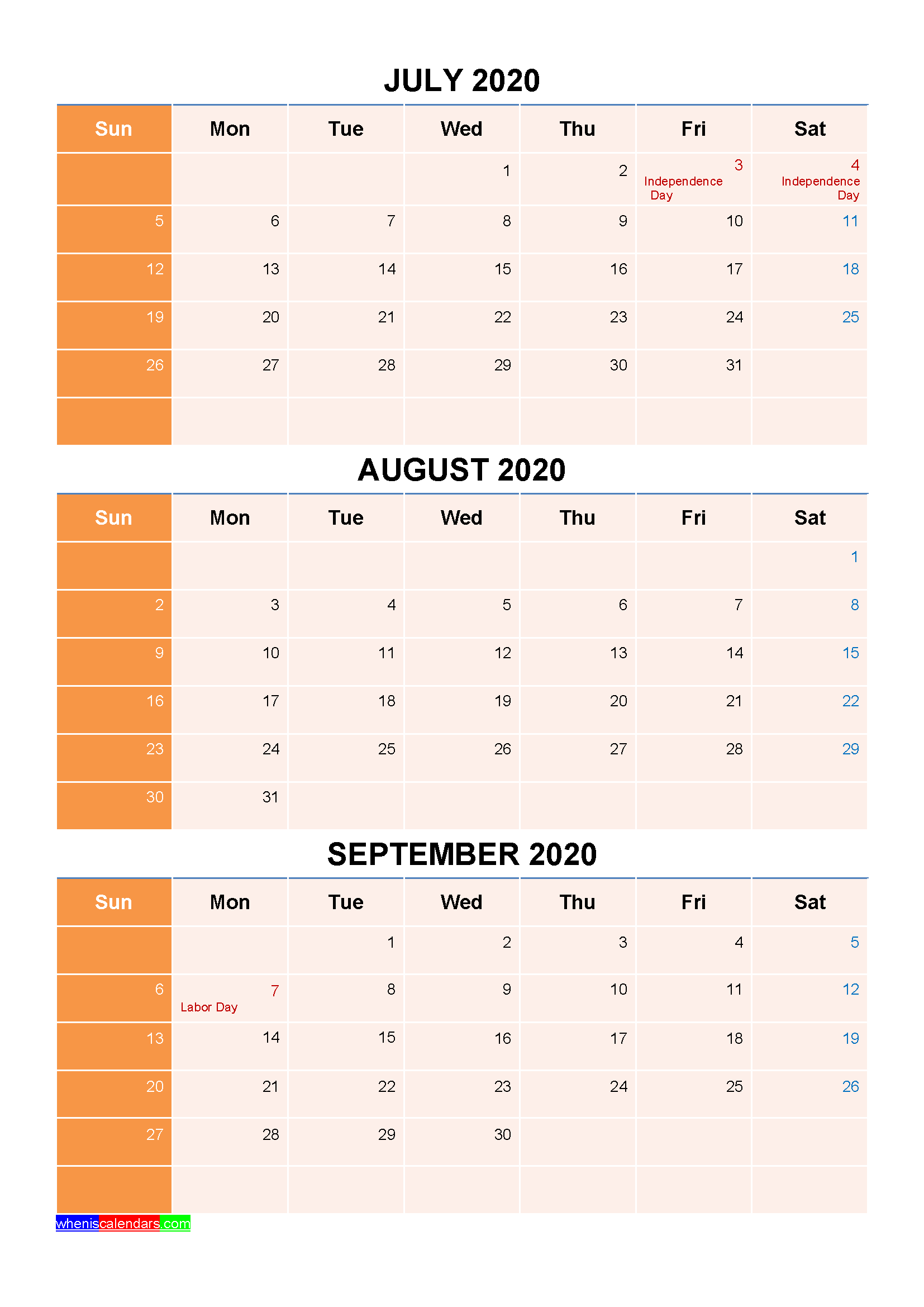 Free Printable July August September 2020 Calendar with Holidays as Word, PDF