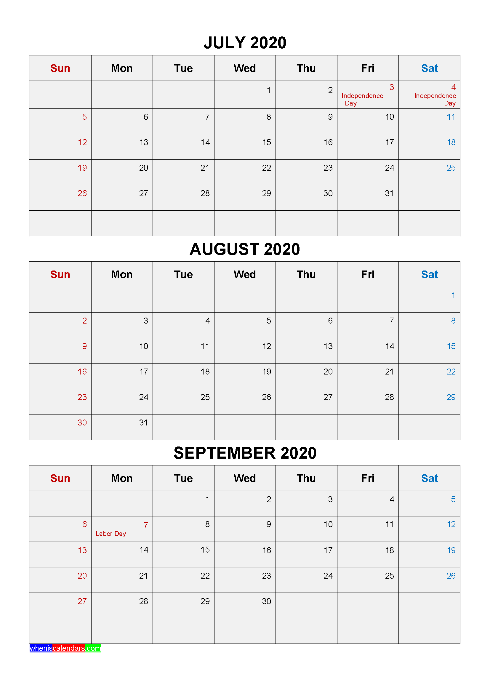 Printable July August September 2020 Calendar with Holidays