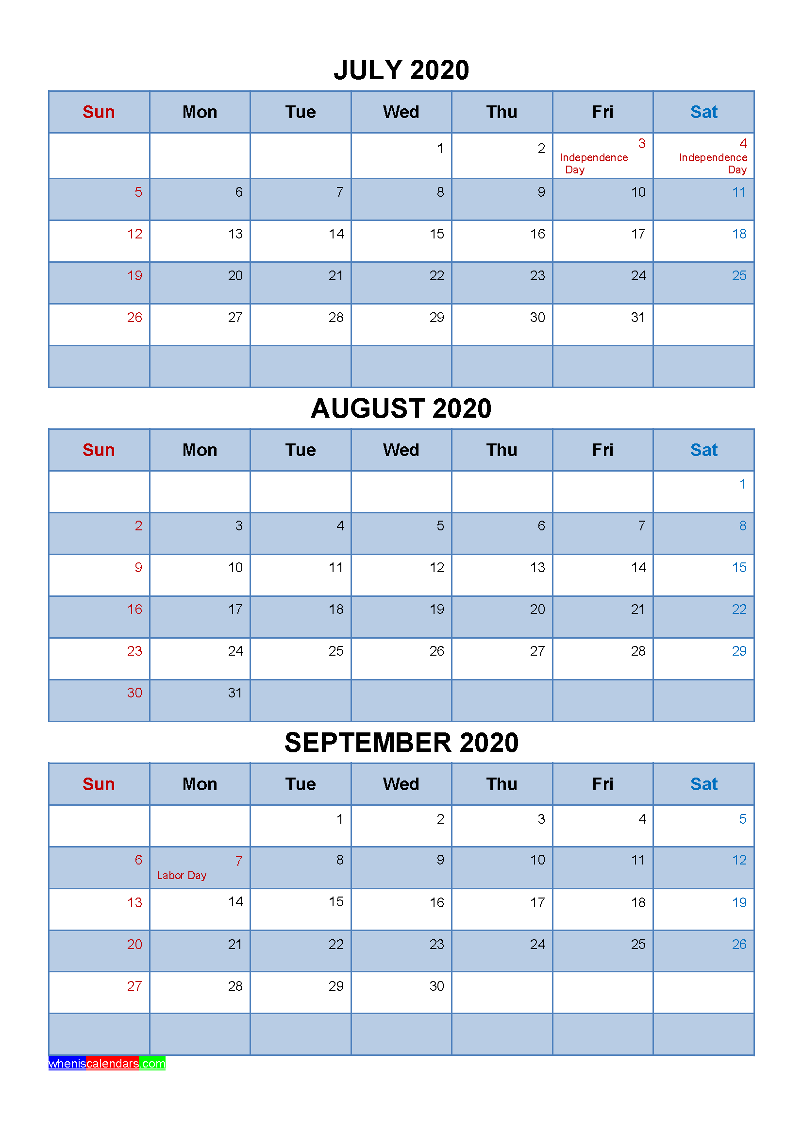 Free July August September 2020 Printable Calendar Template