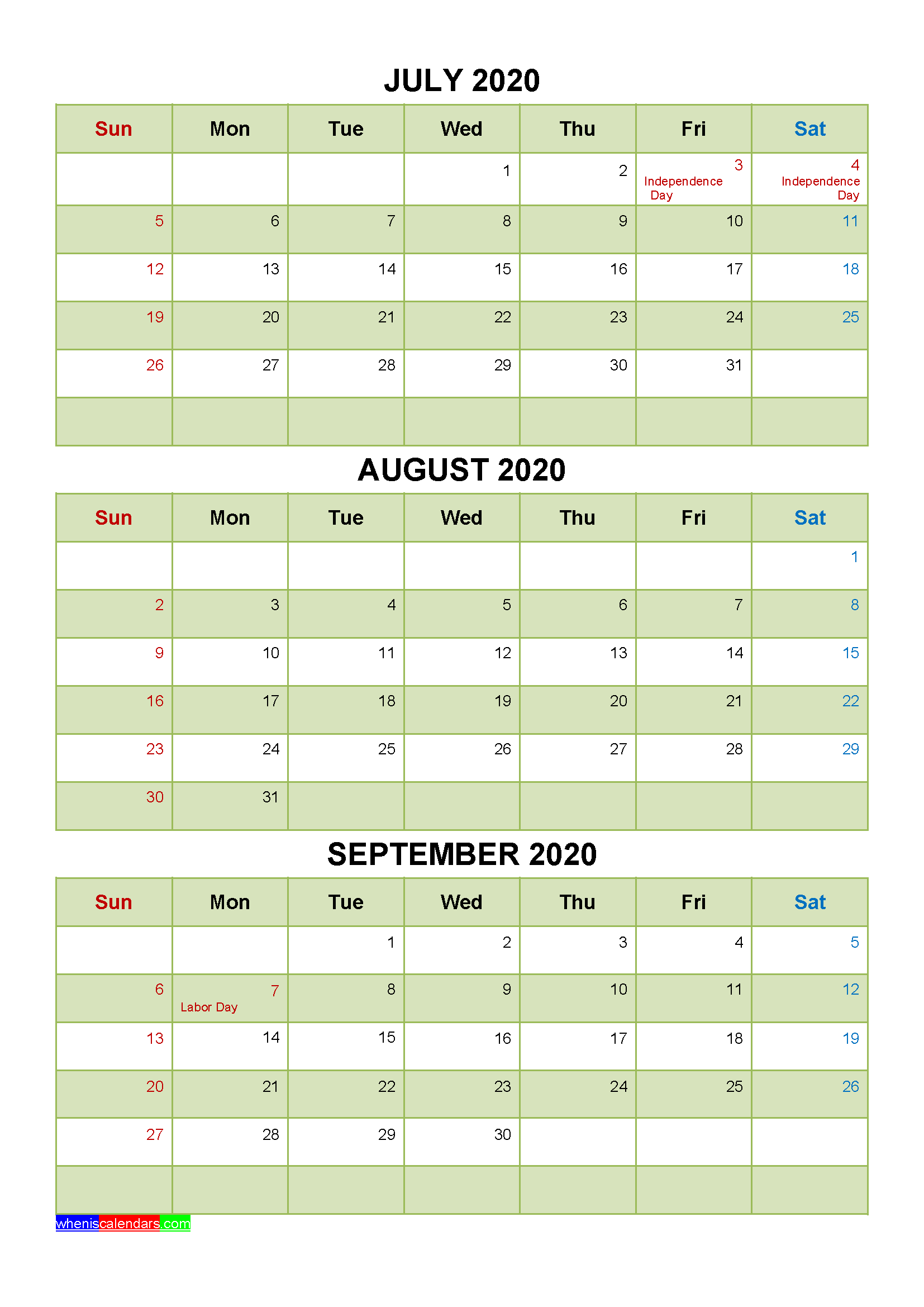 July August September 2020 Calendar with Holidays Word, PDF