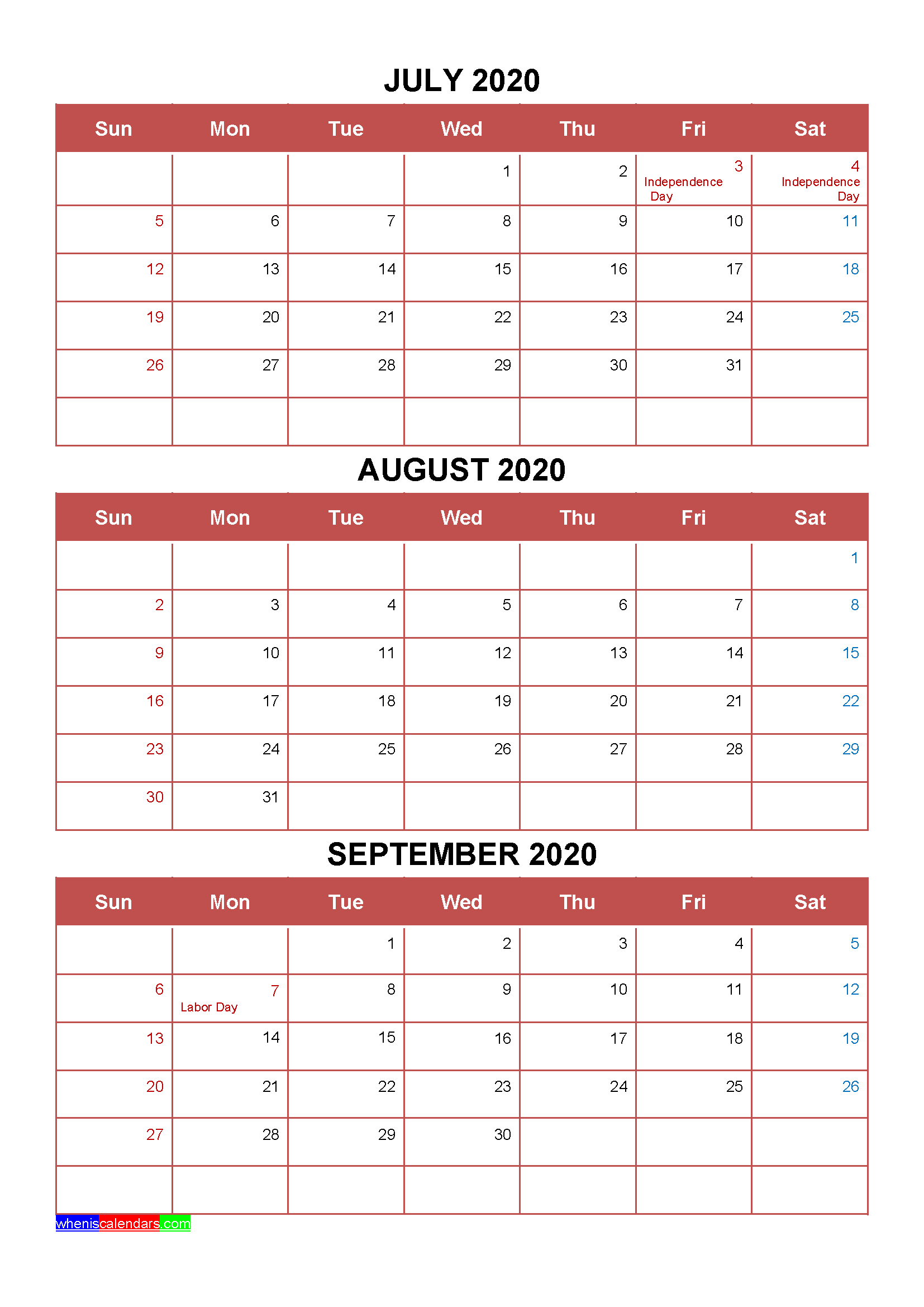 Printable July August September 2020 Calendar Template Word, PDF