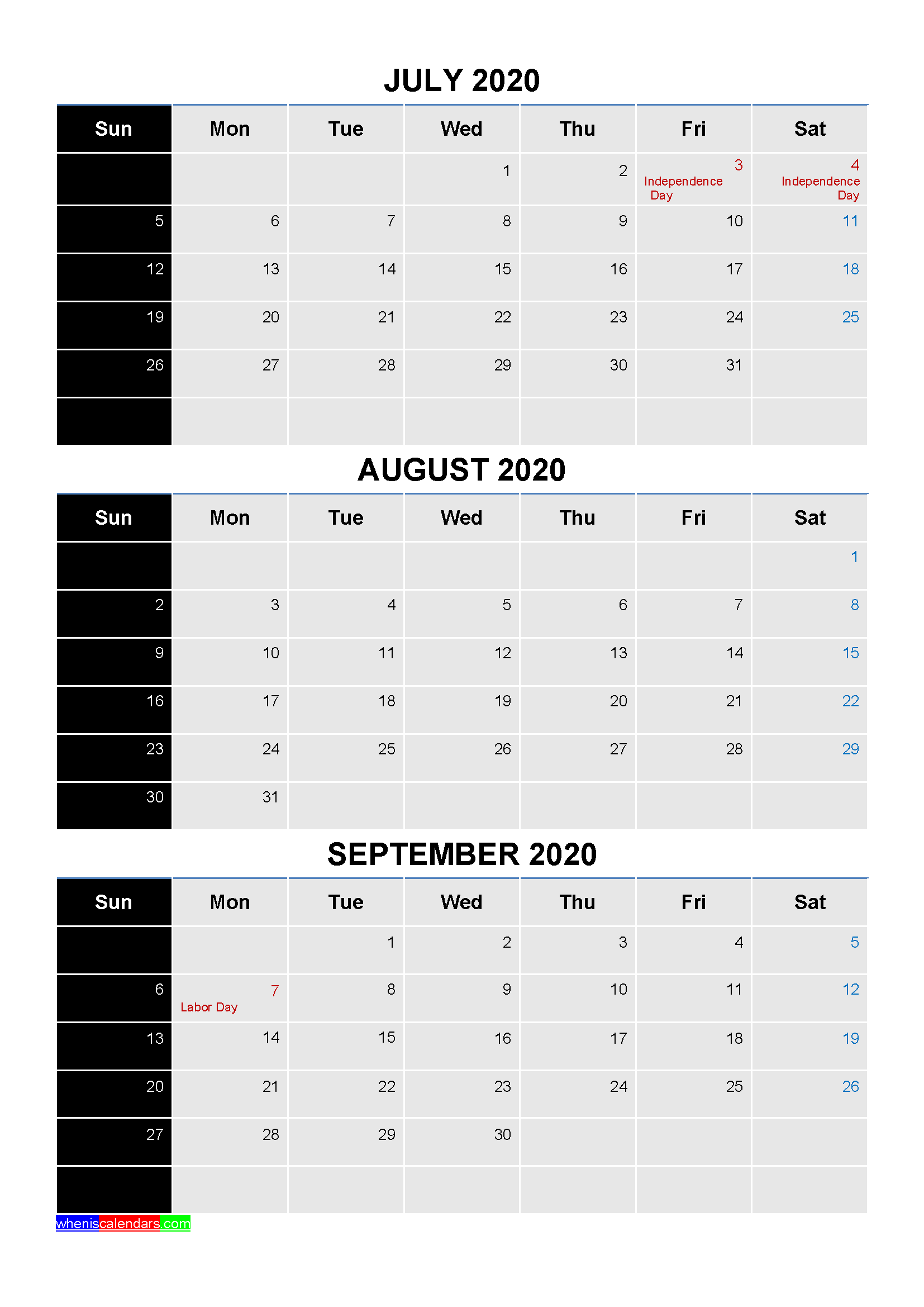 July August September 2020 Calendar with Holidays