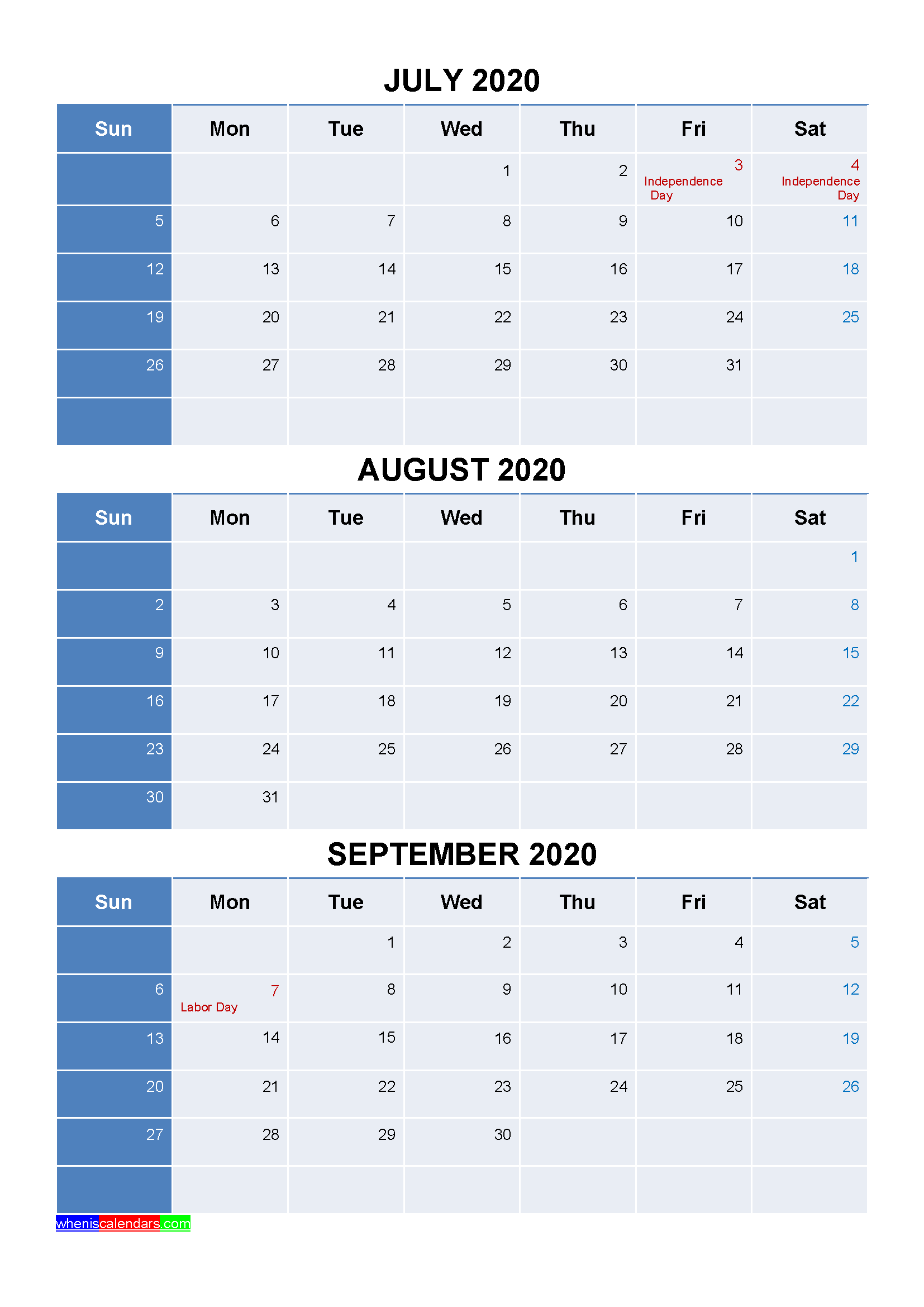 Free July August September 2020 Calendar with Holidays