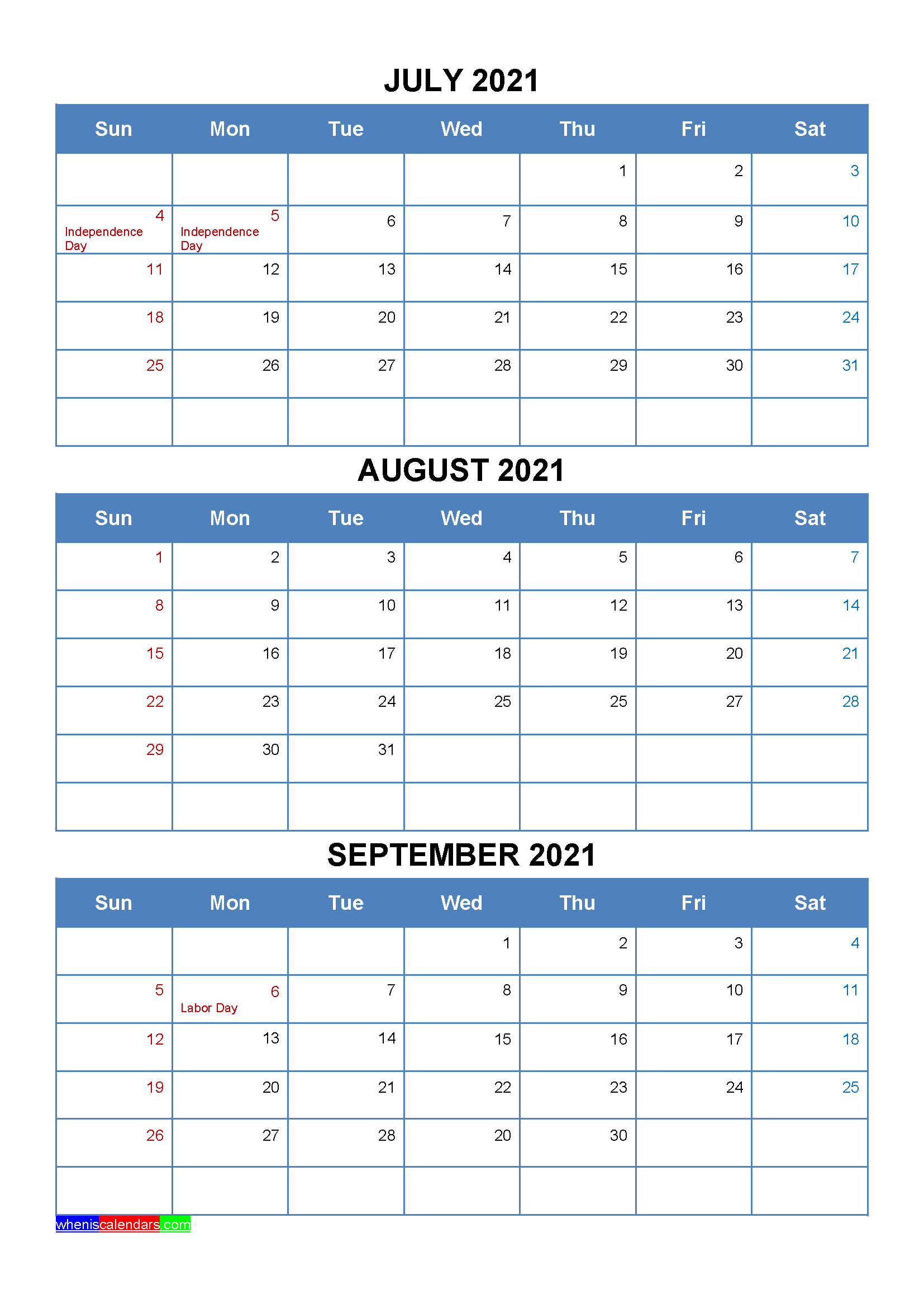 Free Printable July August September 2021 Calendar with Holidays as Word, PDF