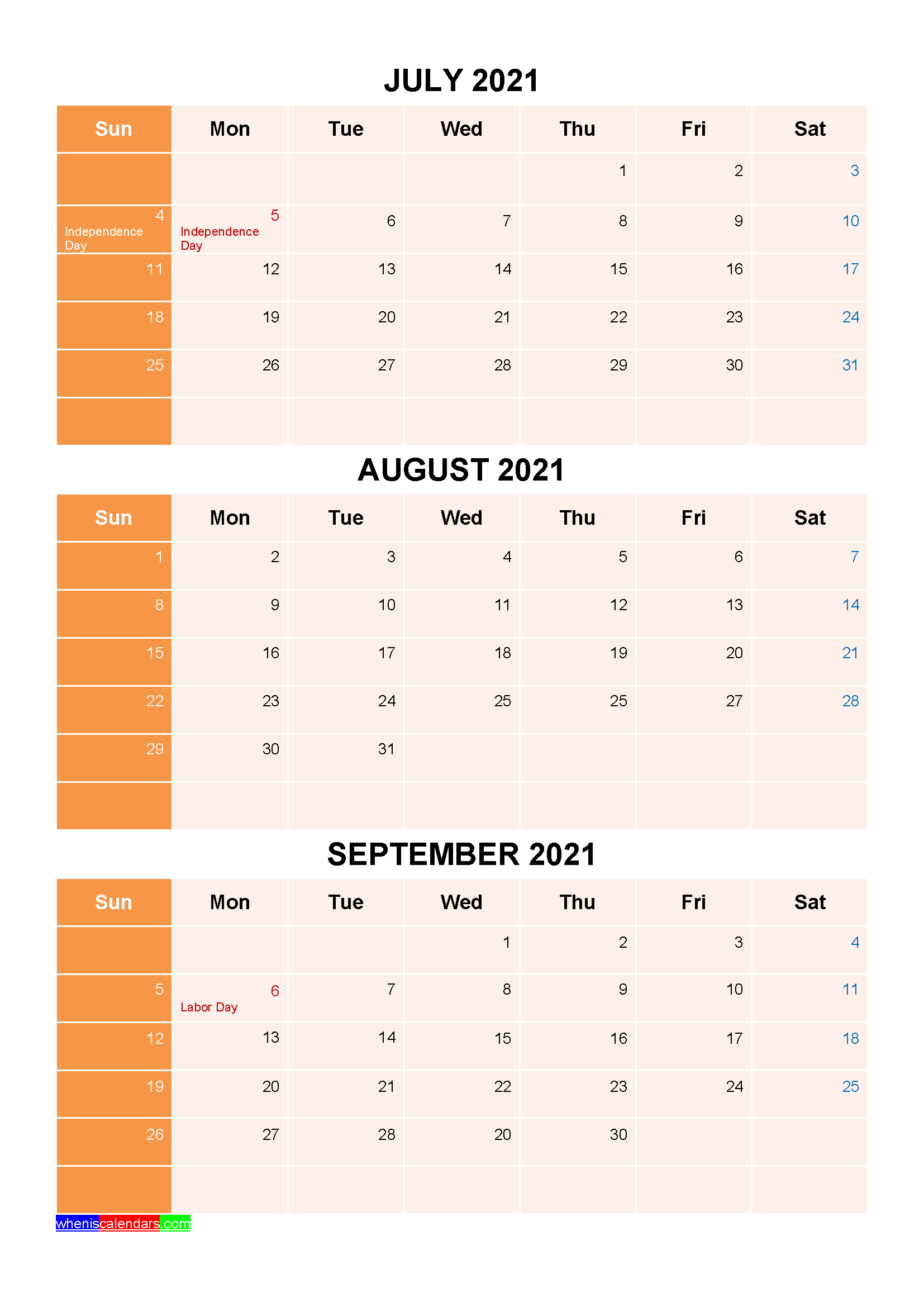 July August September 2021 Calendar with Holidays