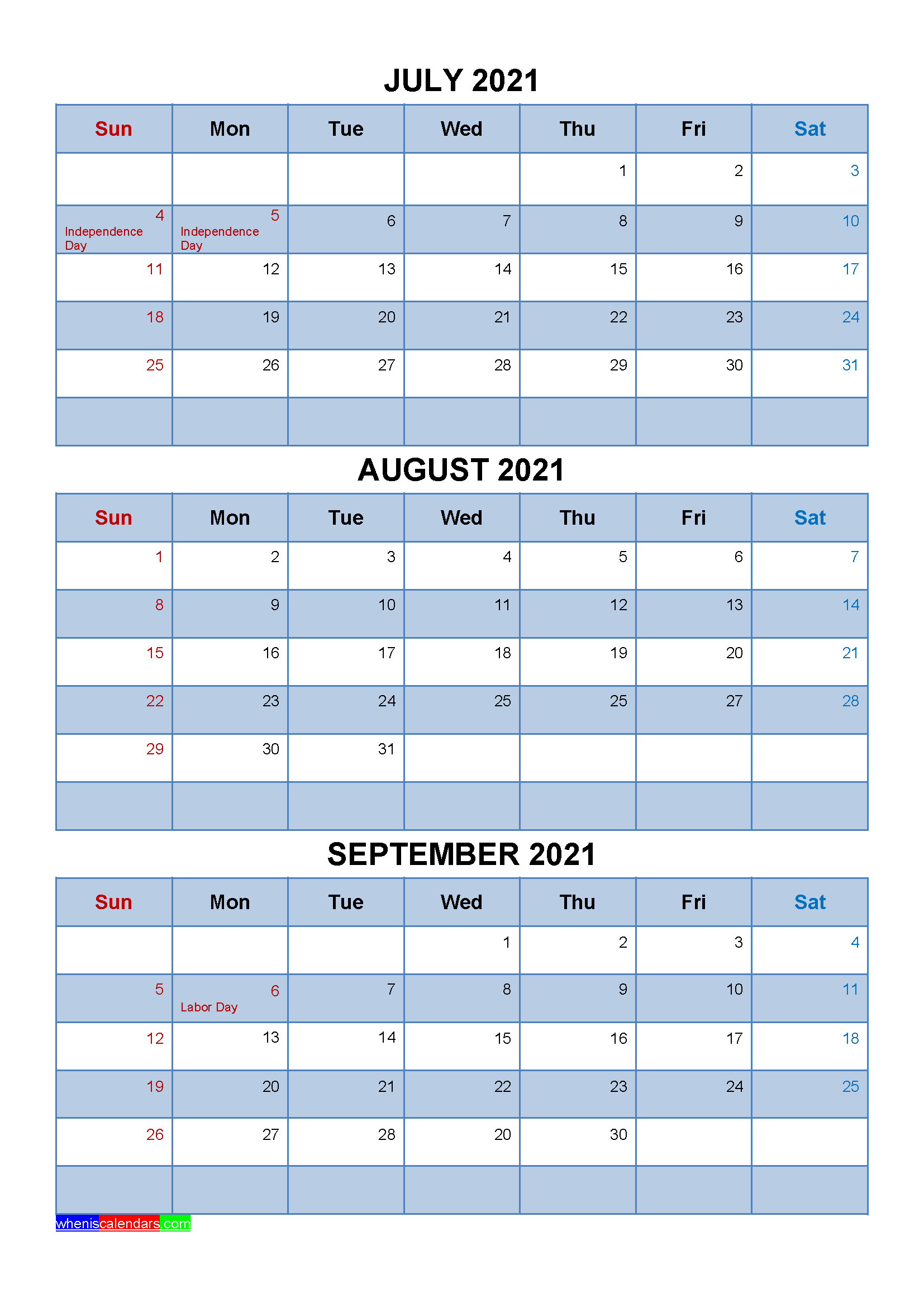 Free July August September 2021 Printable Calendar Template
