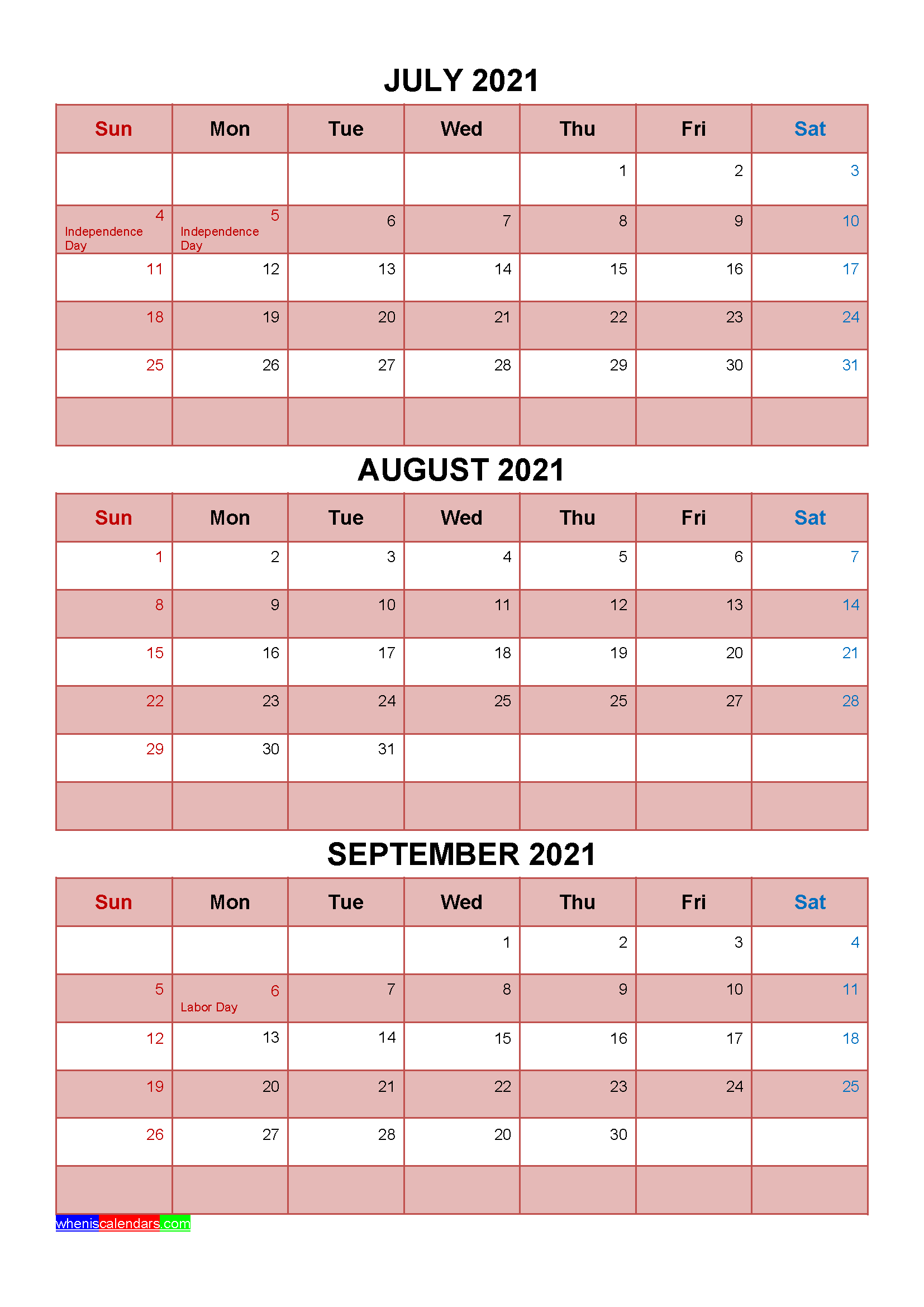 Printable July August September 2021 Calendar Word, PDF