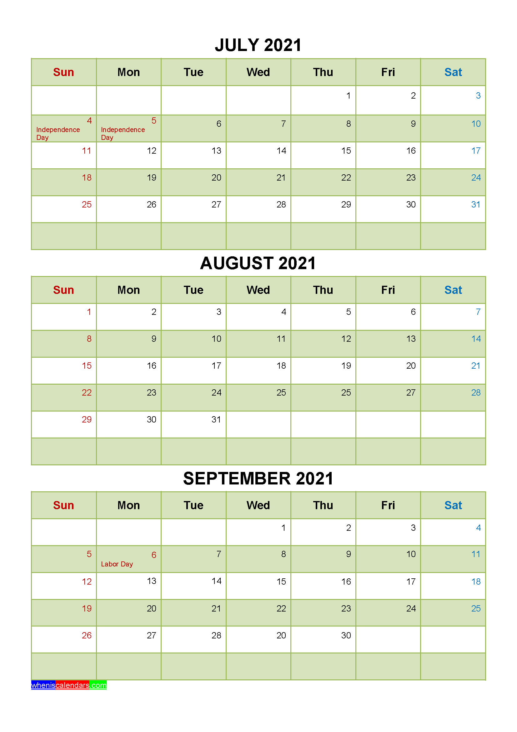 July August September 2021 Calendar with Holidays Word, PDF