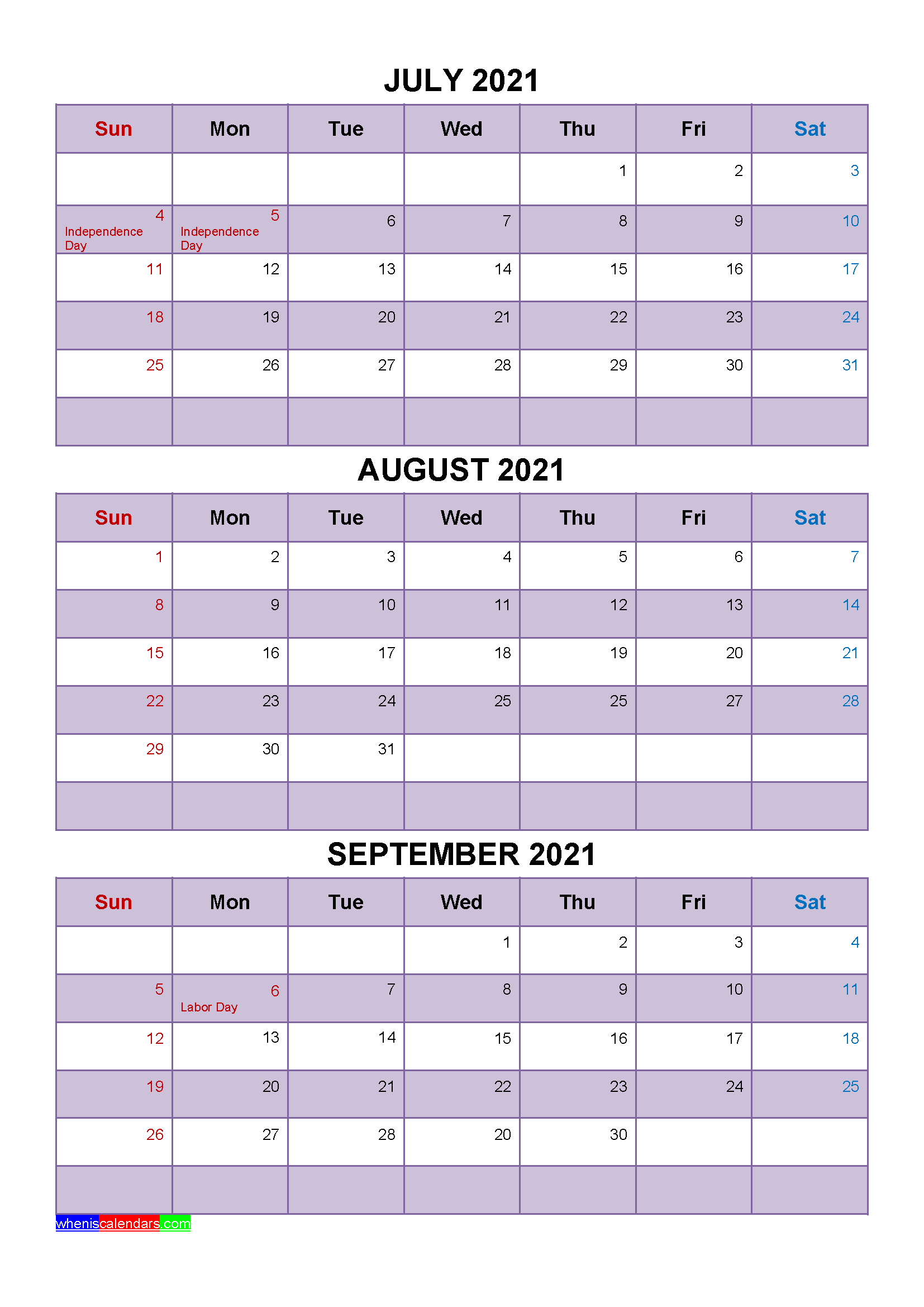 Free Printable July August September 2021 Calendar with Holidays as Word, PDF