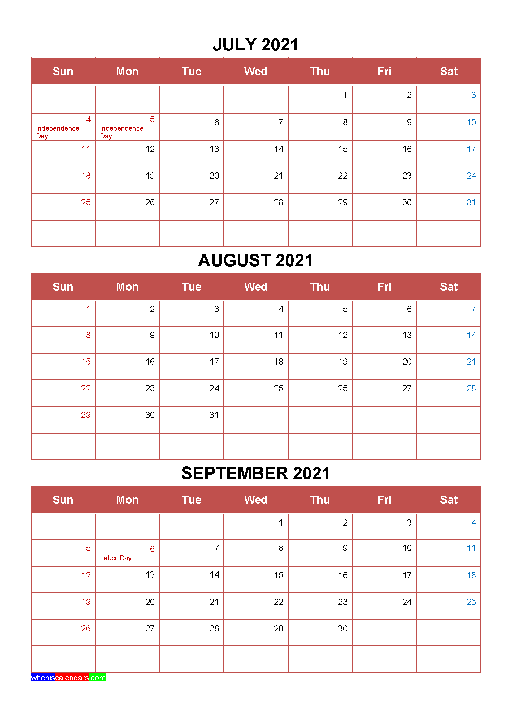 Printable July August September 2021 Calendar Template Word, PDF