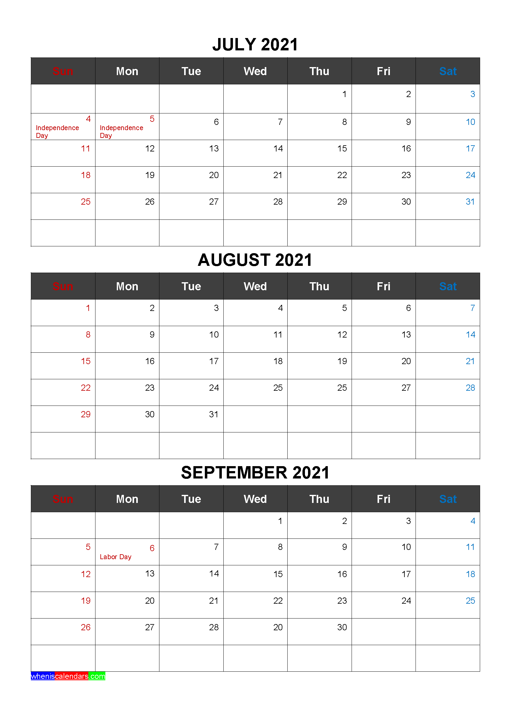 Free July August September 2021 Printable Calendar Template