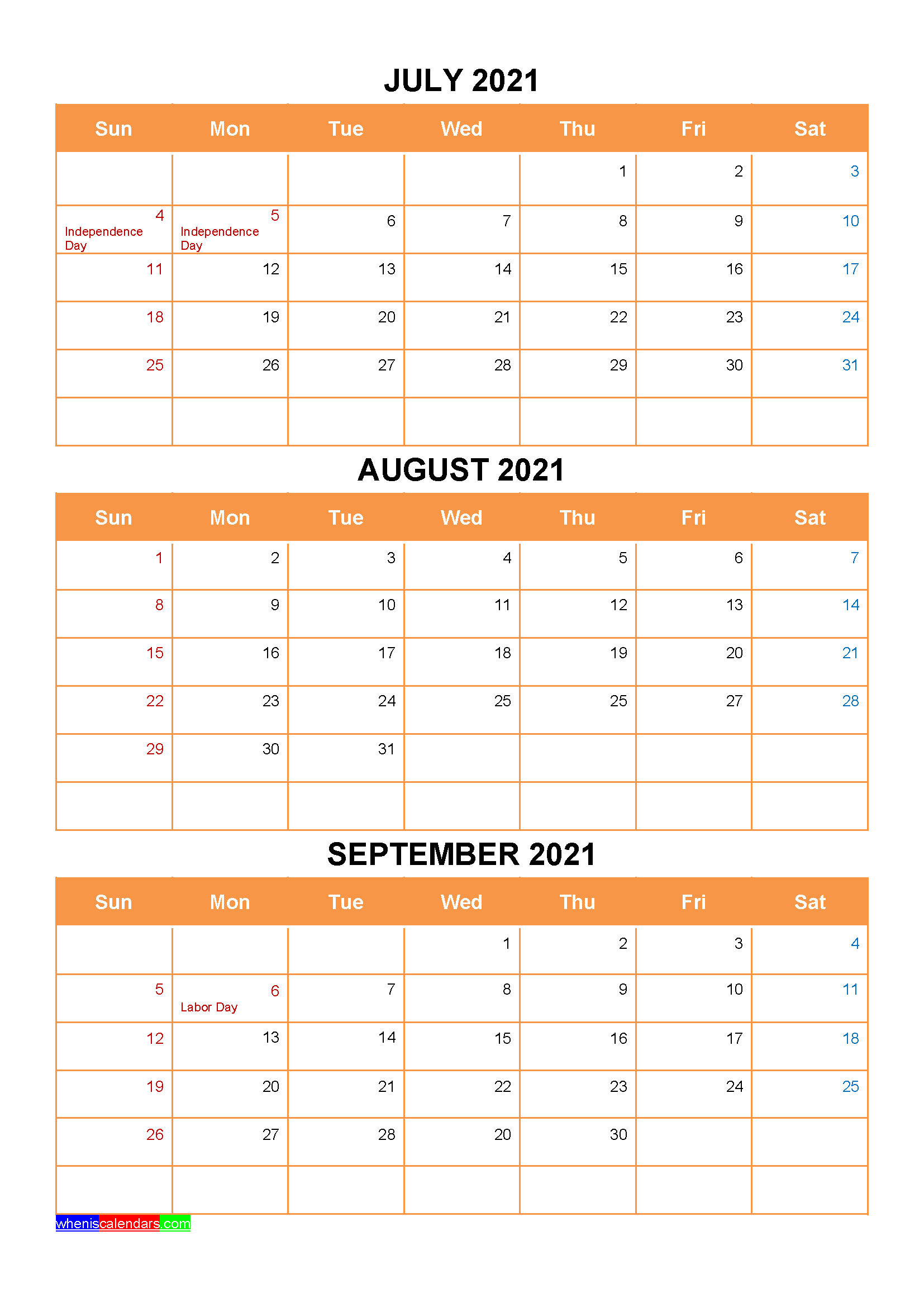 July August September 2021 Calendar with Holidays Printable