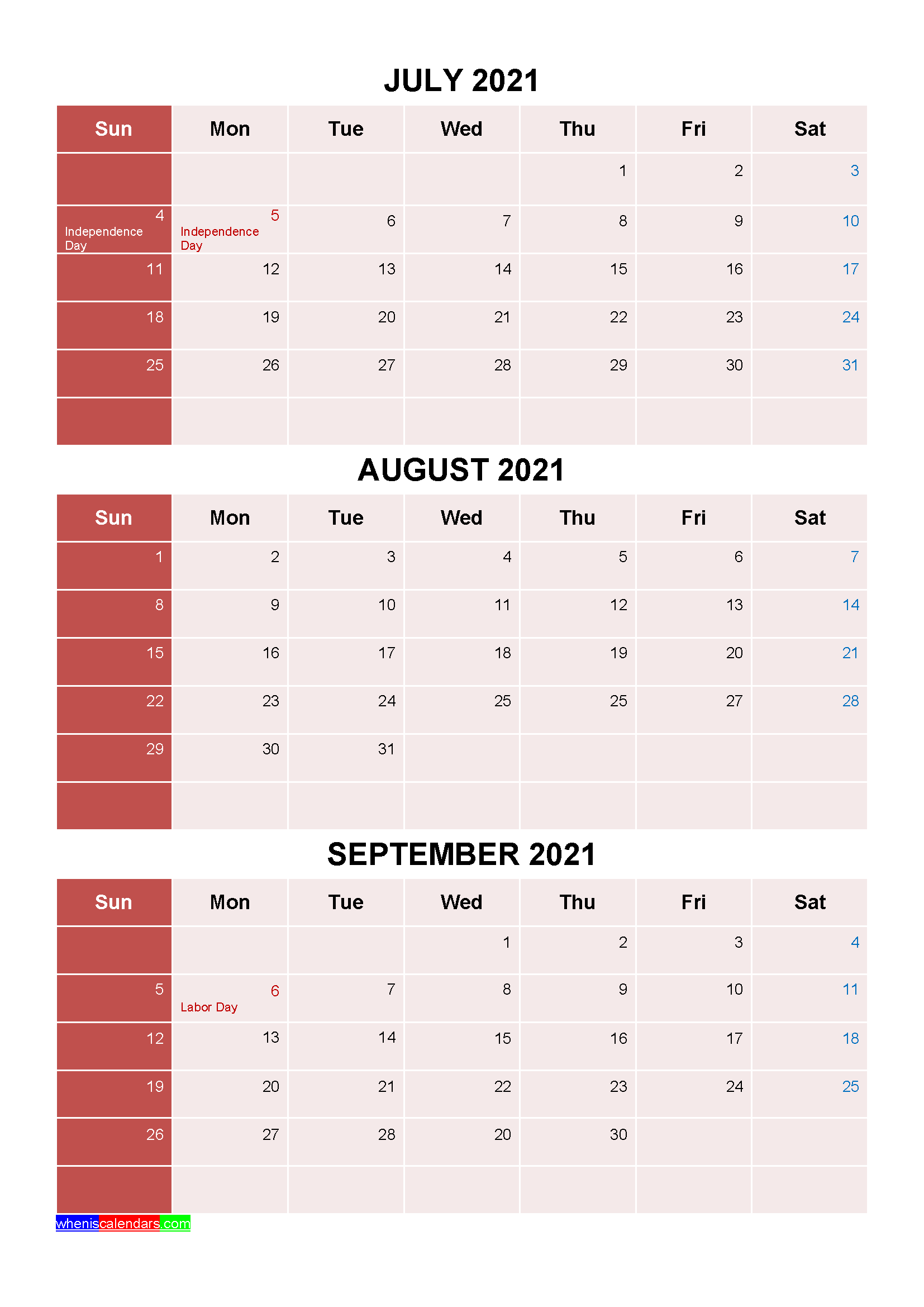 Free Printable July August September 2021 Calendar 3 Months 1 Page