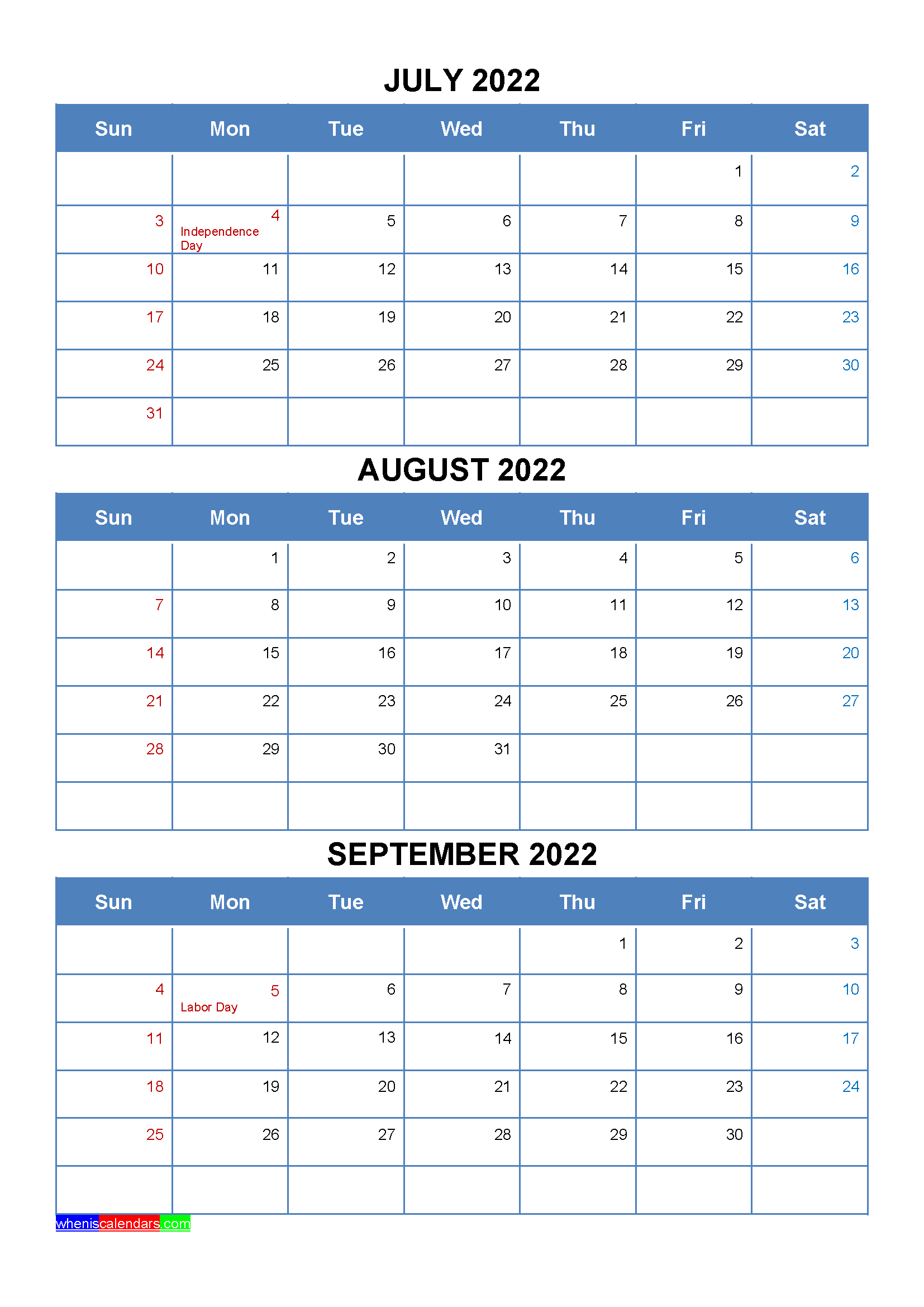 Free Printable July August September 2022 Calendar With Holidays As