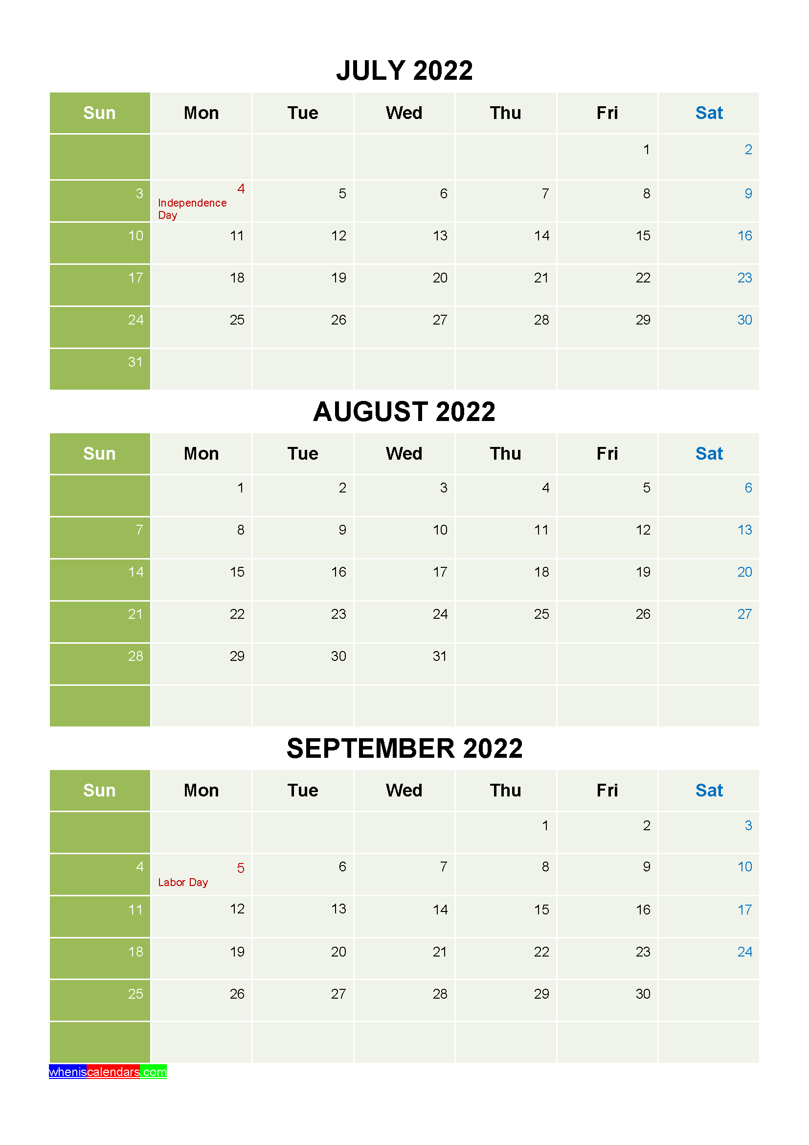 Free July August September 2022 Printable Calendar Template