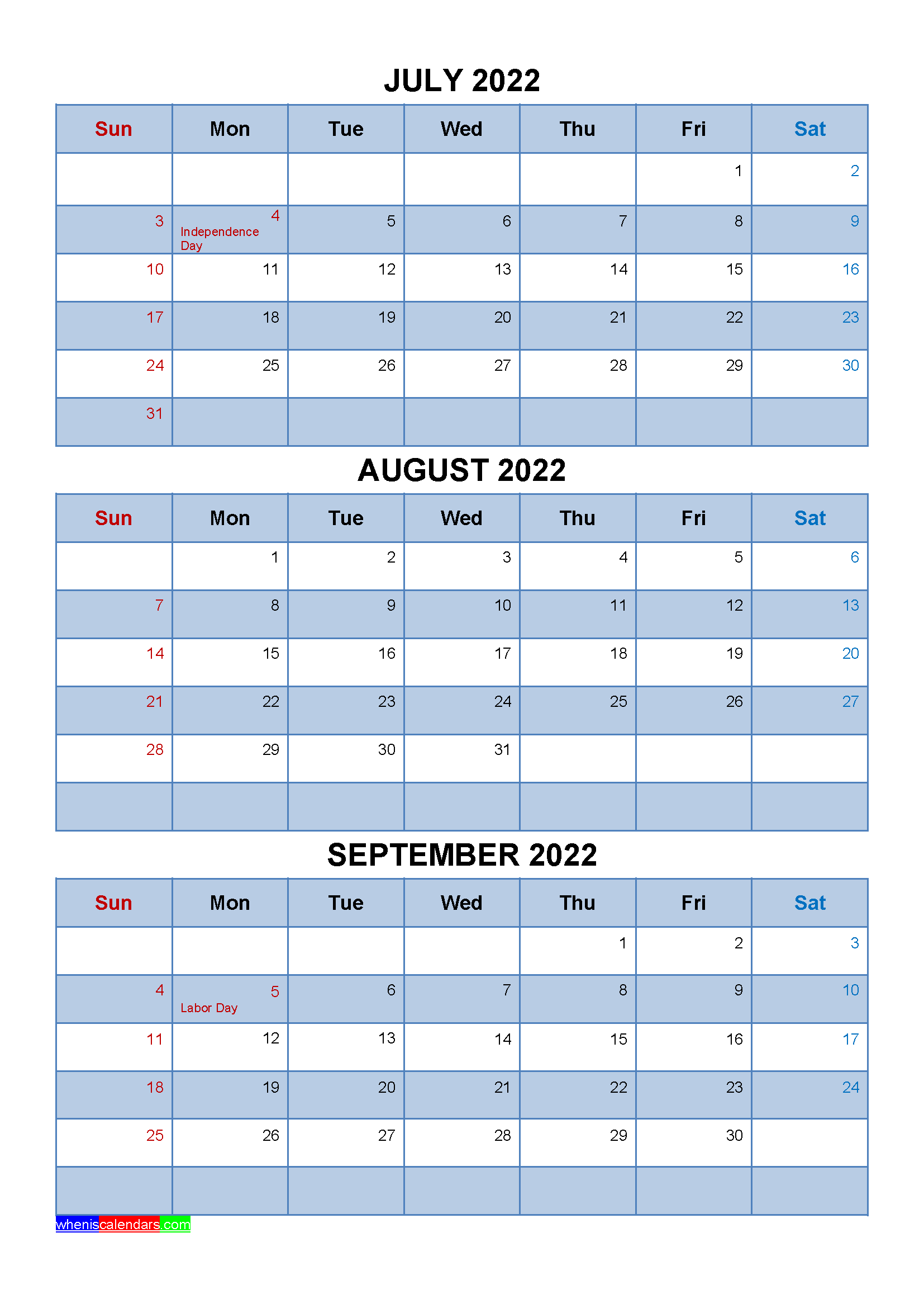 Free July August September 2022 Printable Calendar Template