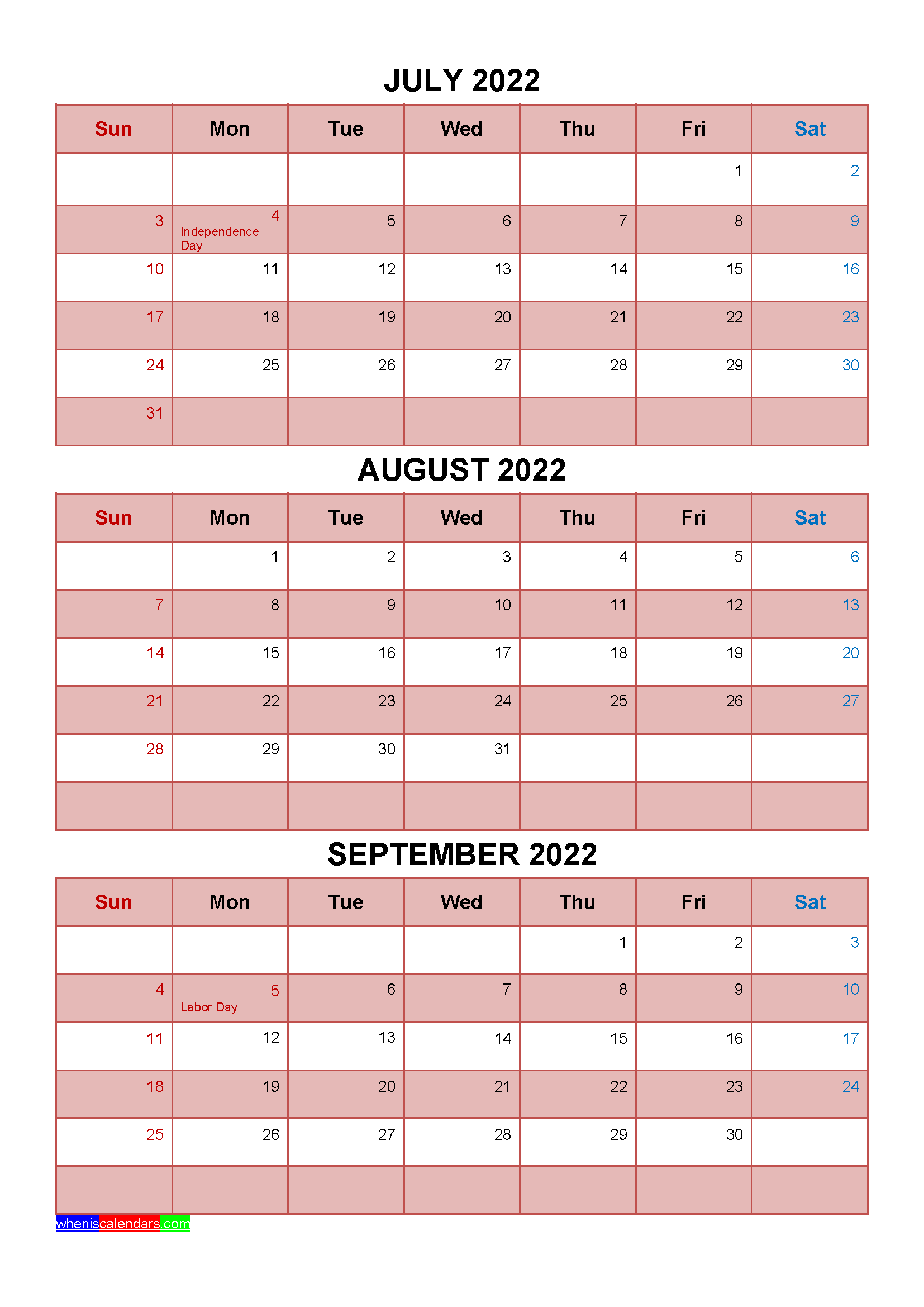 Printable July August September 2022 Calendar Word, PDF