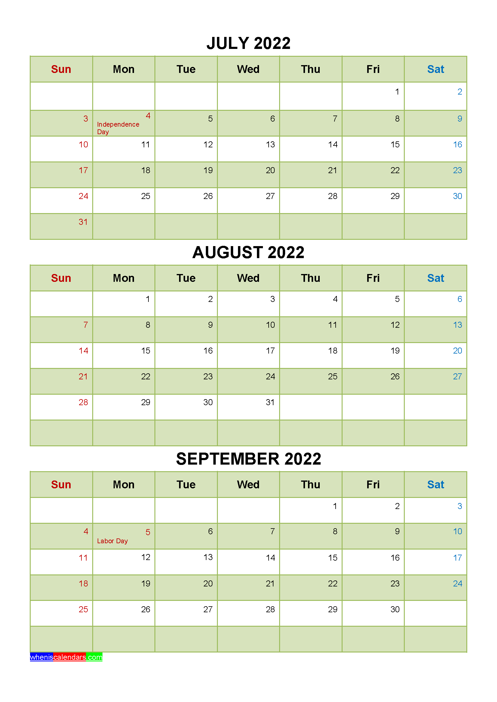 July August September 2022 Calendar with Holidays Word, PDF