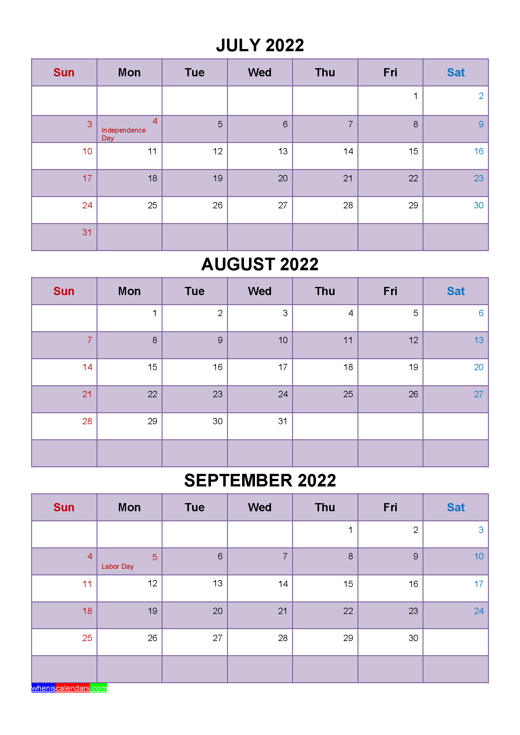 Free Printable July August September 2022 Calendar with Holidays as Word, PDF