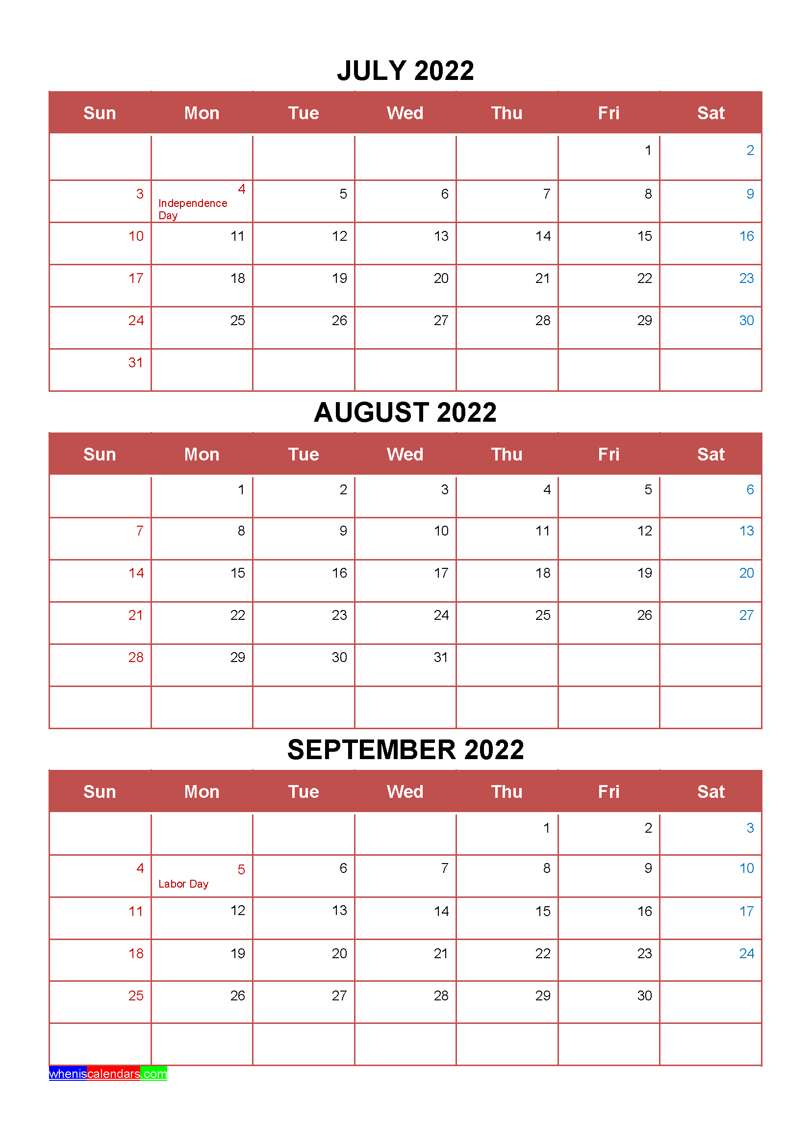 Printable July August September 2022 Calendar Template Word, PDF
