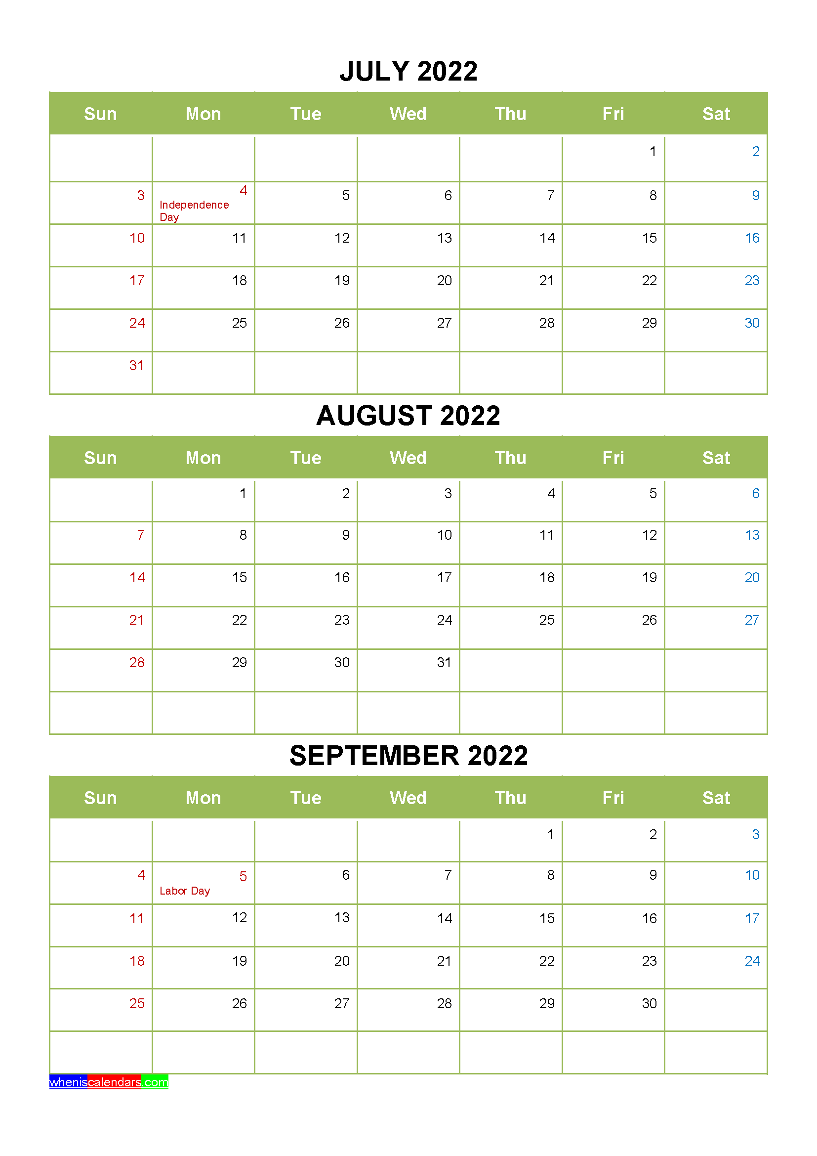 Free Printable July August September 2022 Calendar 3 Months 1 Page