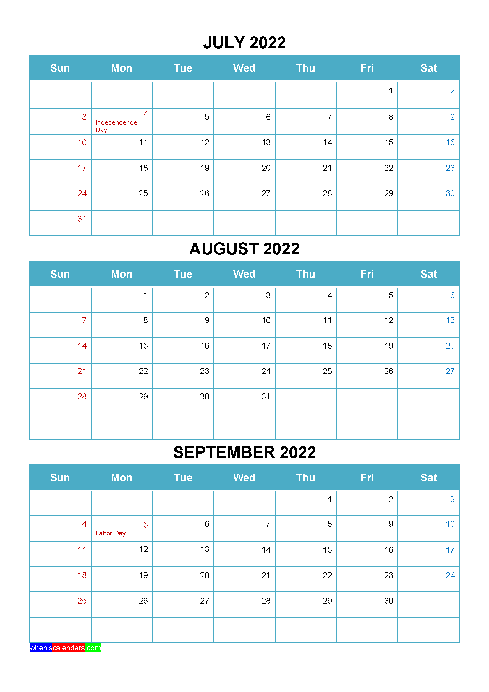 Printable July August September 2022 Calendar Word, PDF