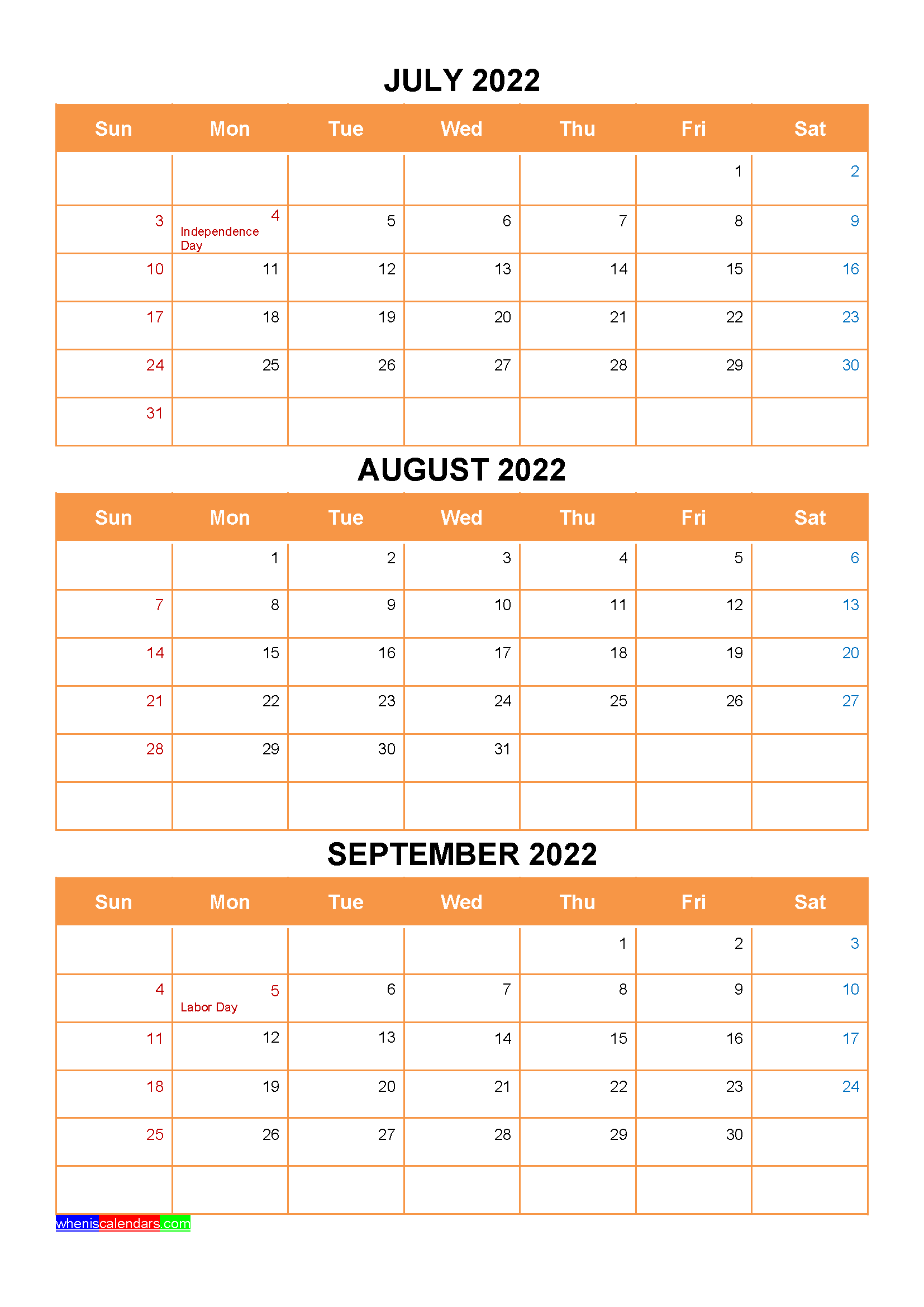 July August September 2022 Calendar with Holidays Word, PDF