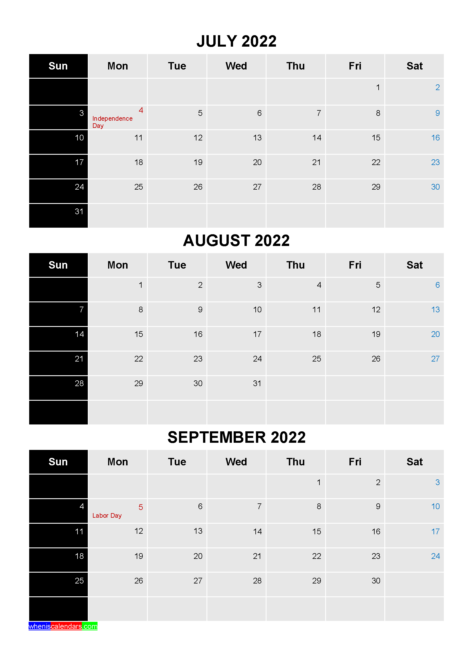 Free Printable July August September 2022 Calendar with Holidays as Word, PDF