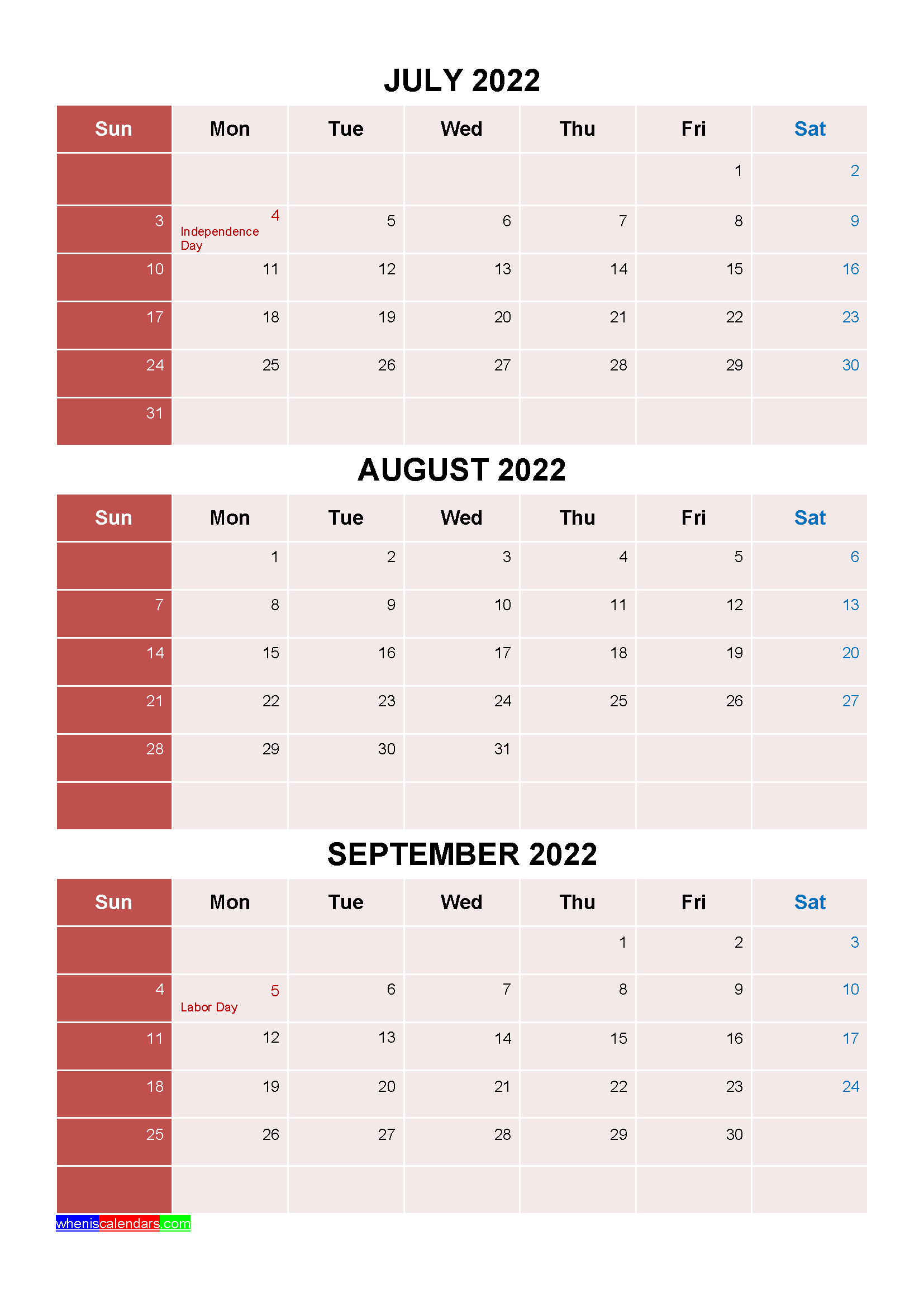 Free Printable July August September 2022 Calendar 3 Months 1 Page