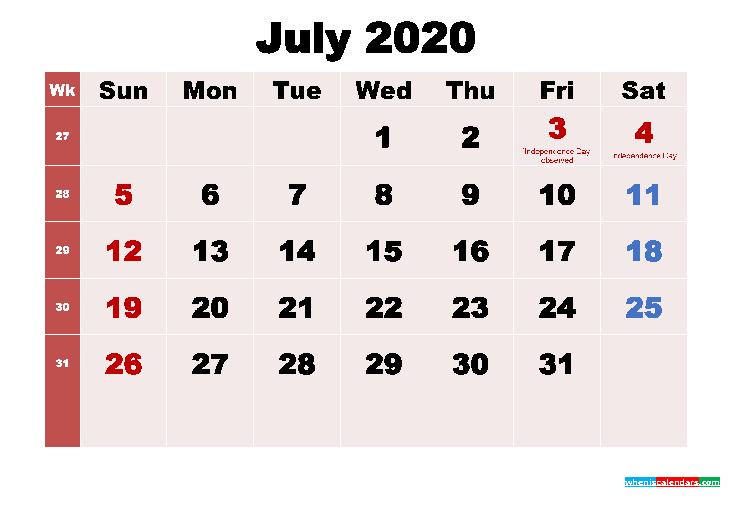 Free Printable July 2020 Calendar with Holidays as Word, PDF