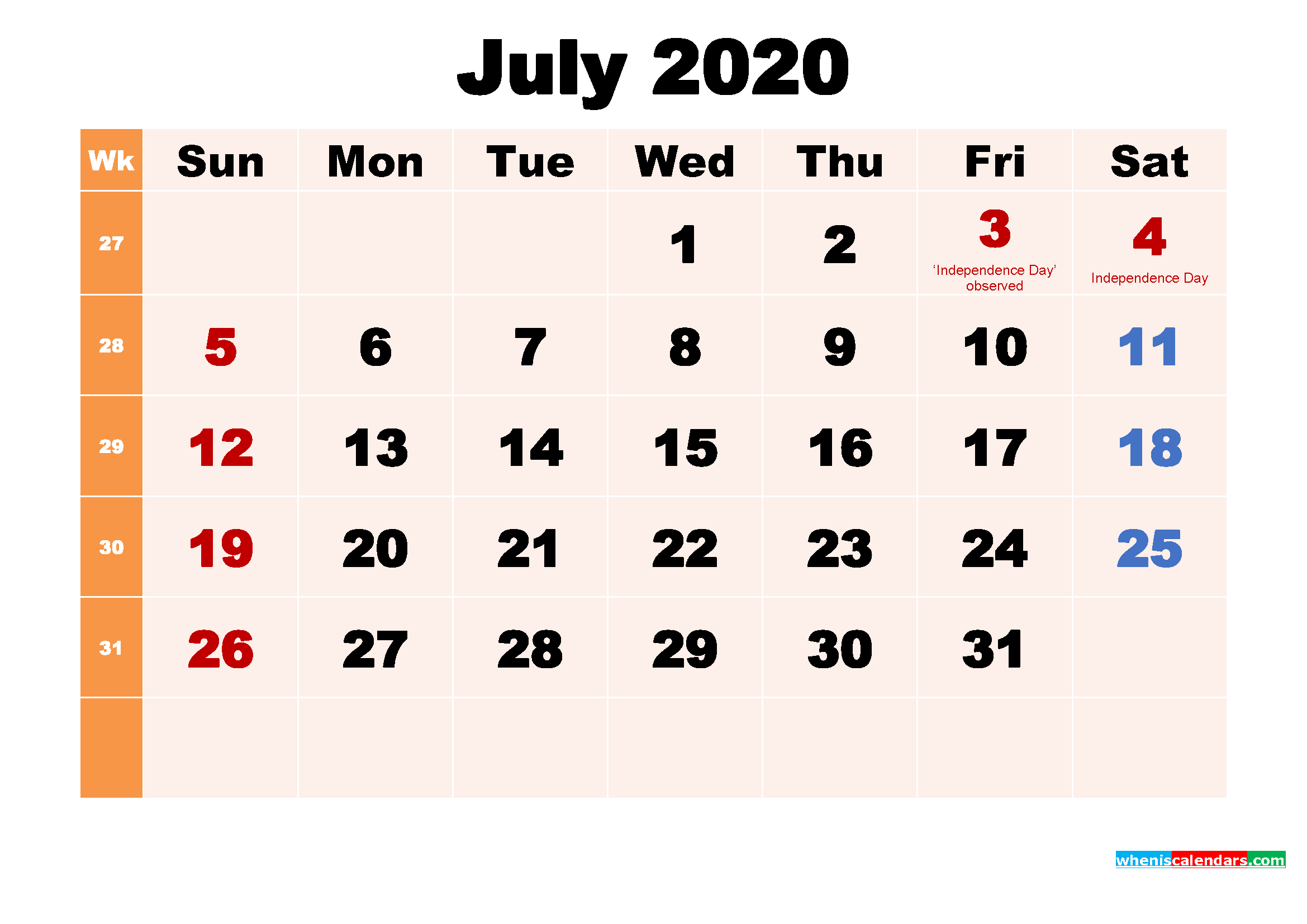 July 2020 Printable Calendar with Holidays Word, PDF