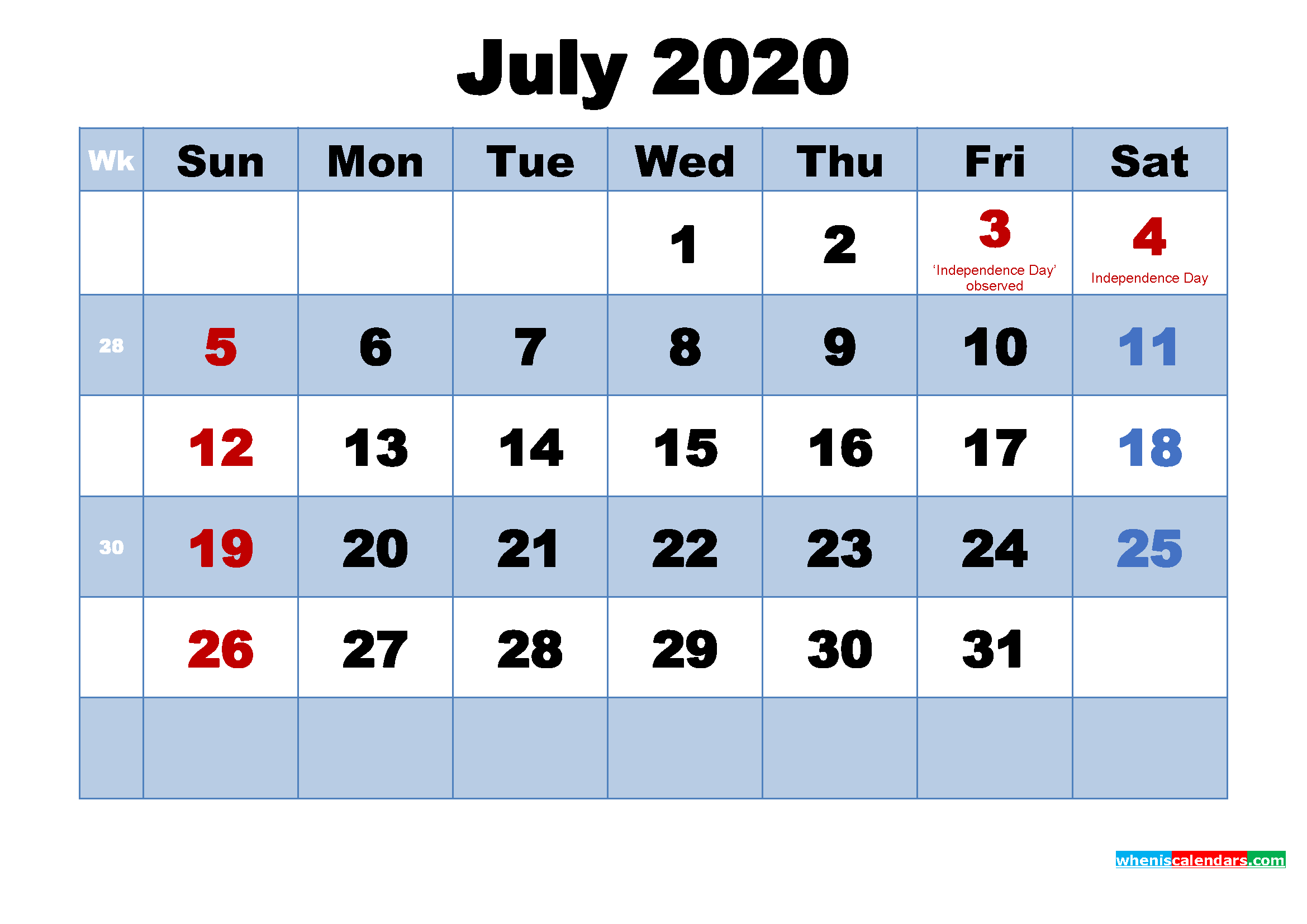 Free Printable 2020 Calendar July as Word, PDF