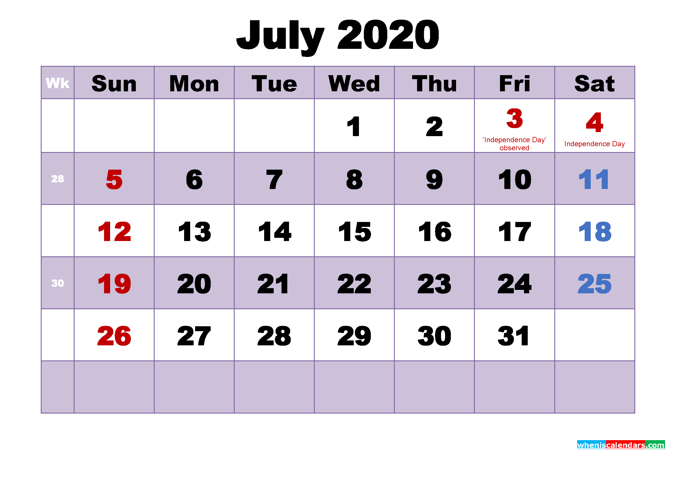 Free 2020 Printable Calendar July as Word, PDF