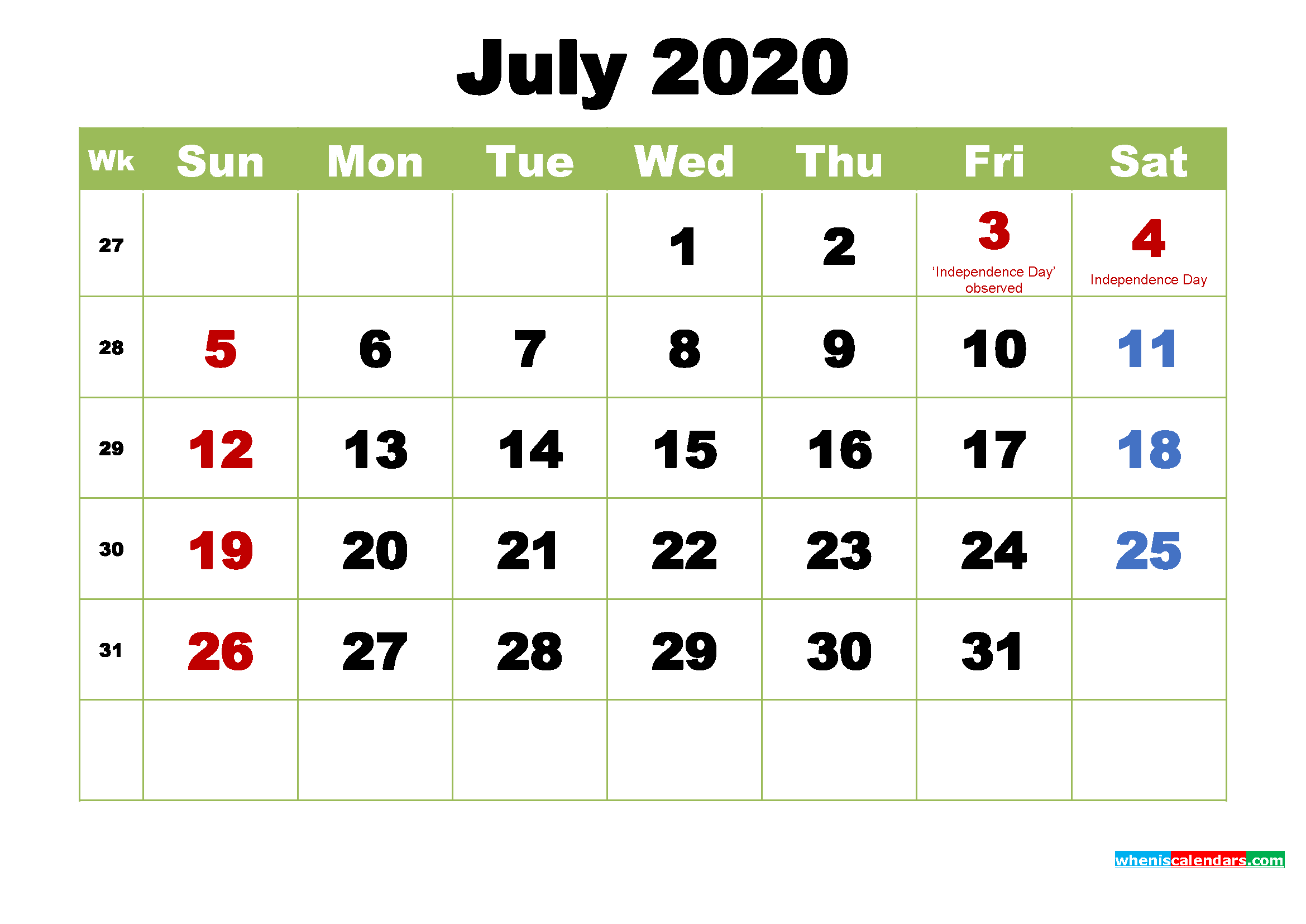 Free July 2020 Printable Calendar with Holidays