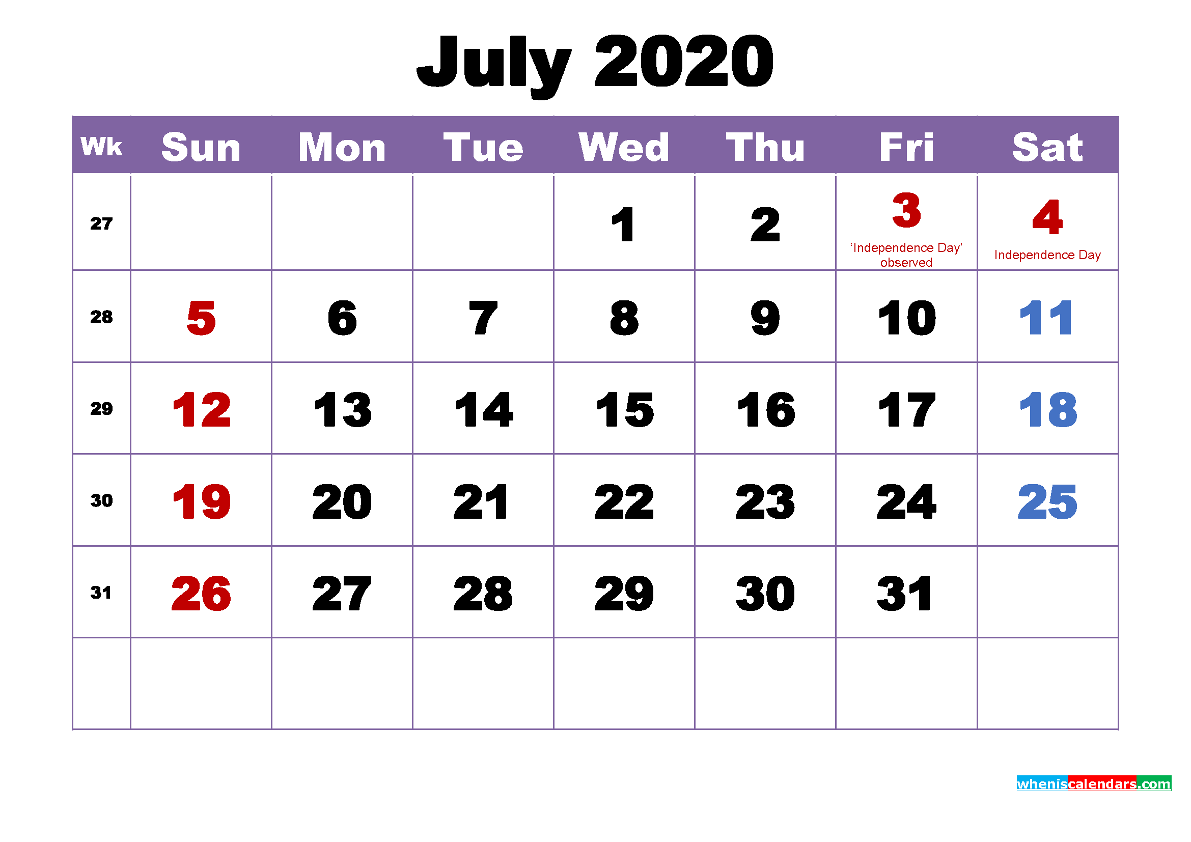 July 2020 Printable Calendar with Holidays Word, PDF
