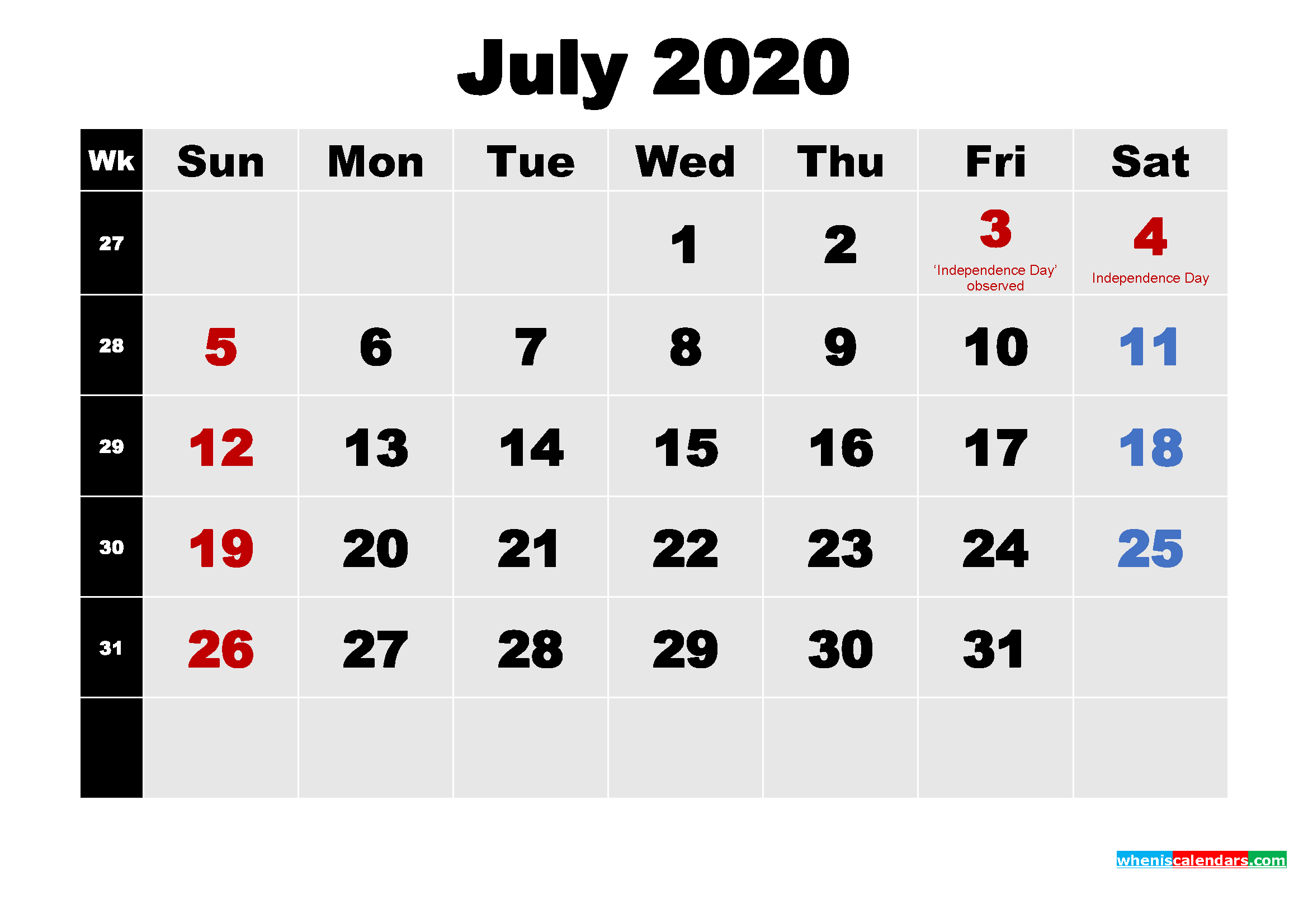 Free July 2020 Printable Calendar Template Word, PDF