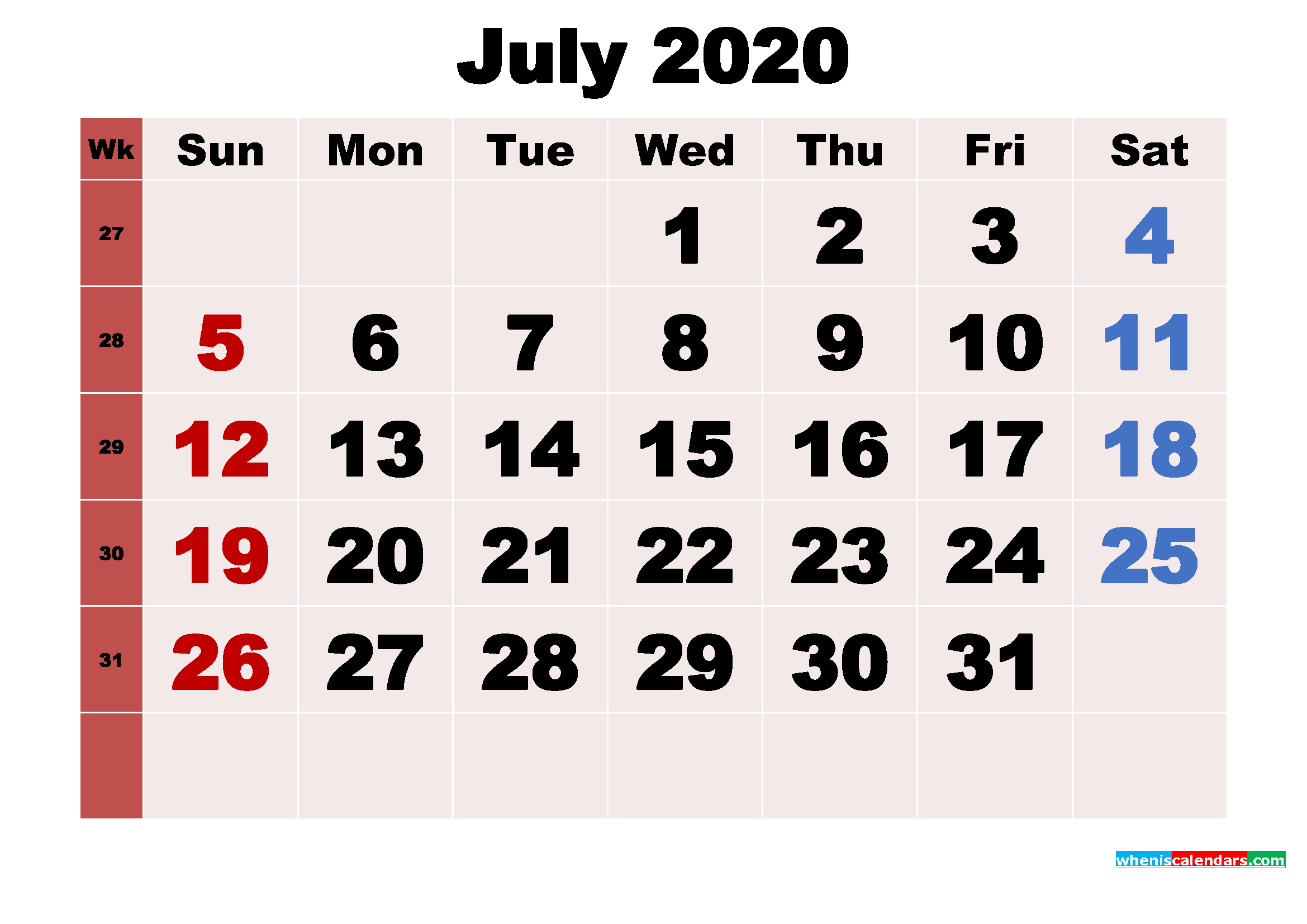 Free Printable Monthly Calendar July 2020