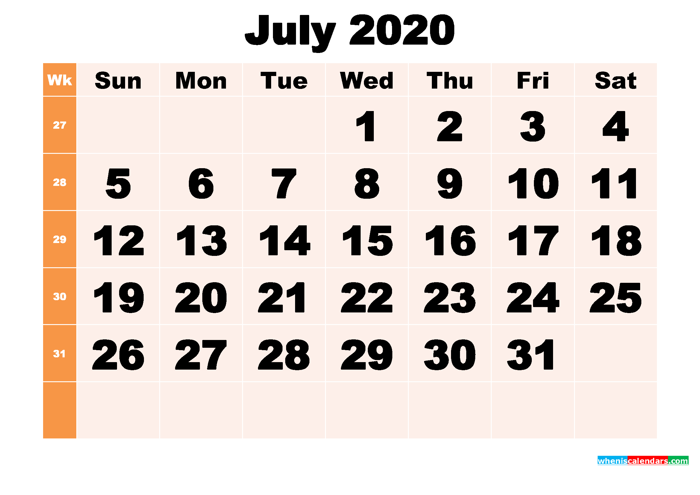 Free Printable July 2020 Calendar Template Word, PDF