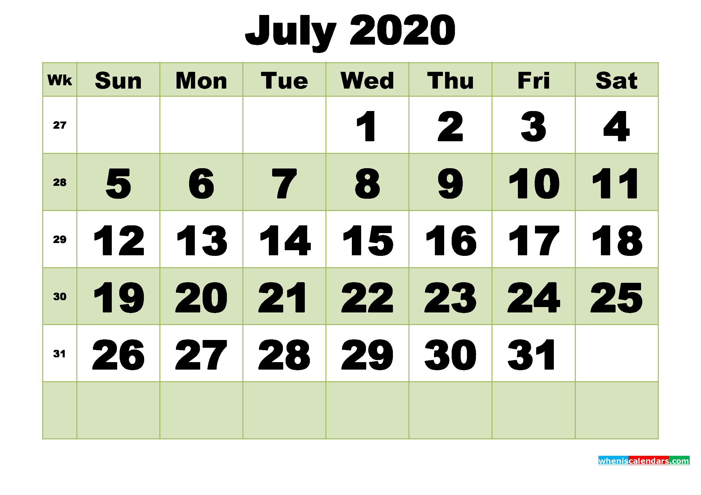 July 2020 Printable Calendar Template