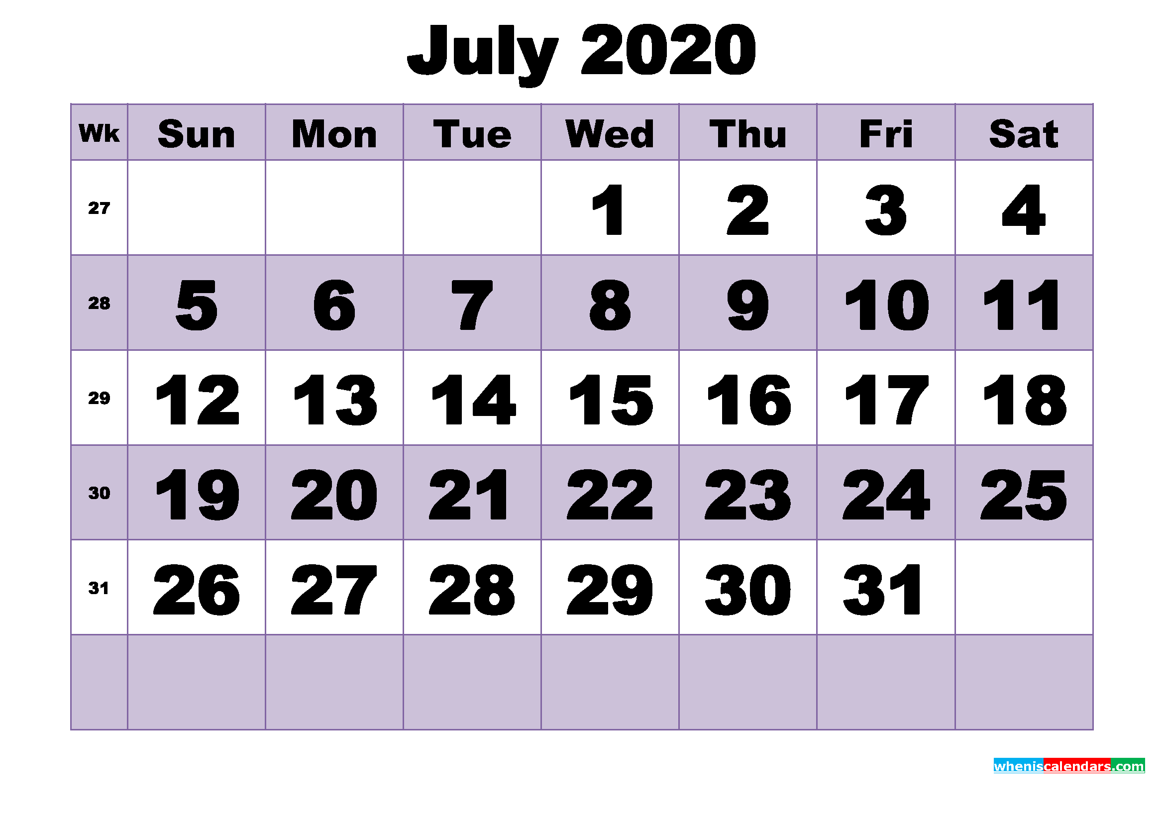 Free July 2020 Printable Monthly Calendar Template