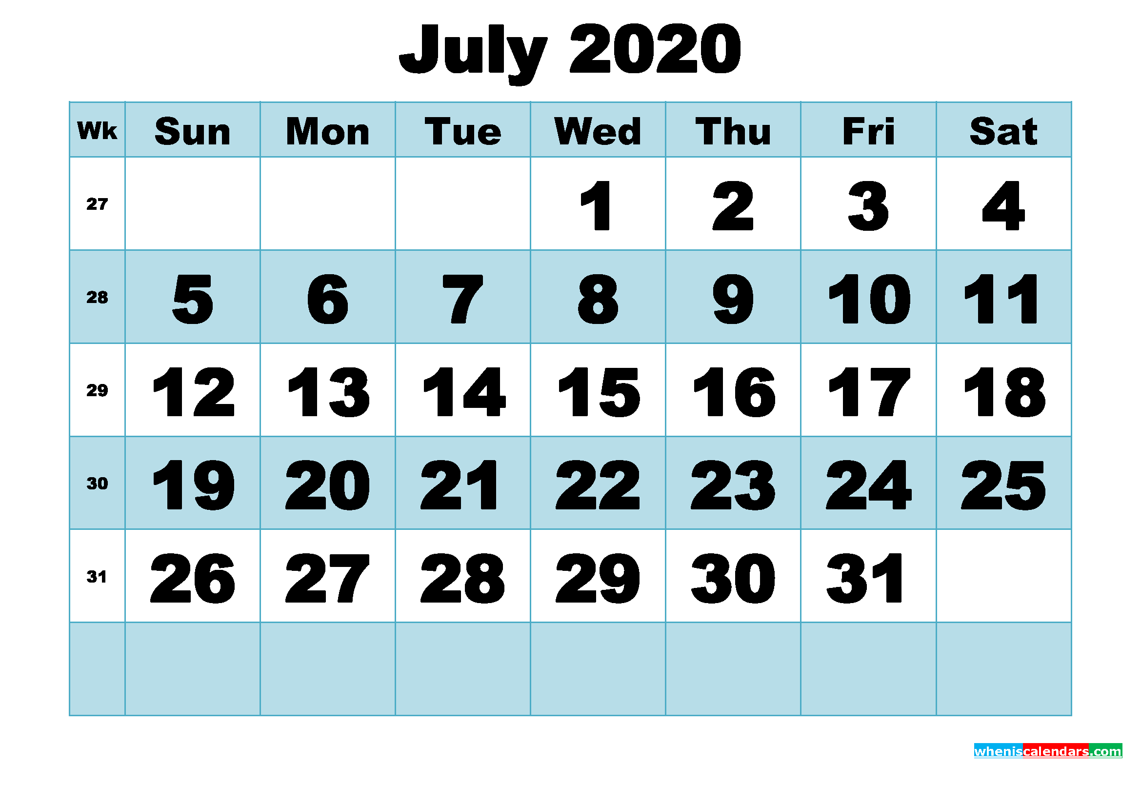 Free Printable July 2020 Calendar Word, PDF, Image