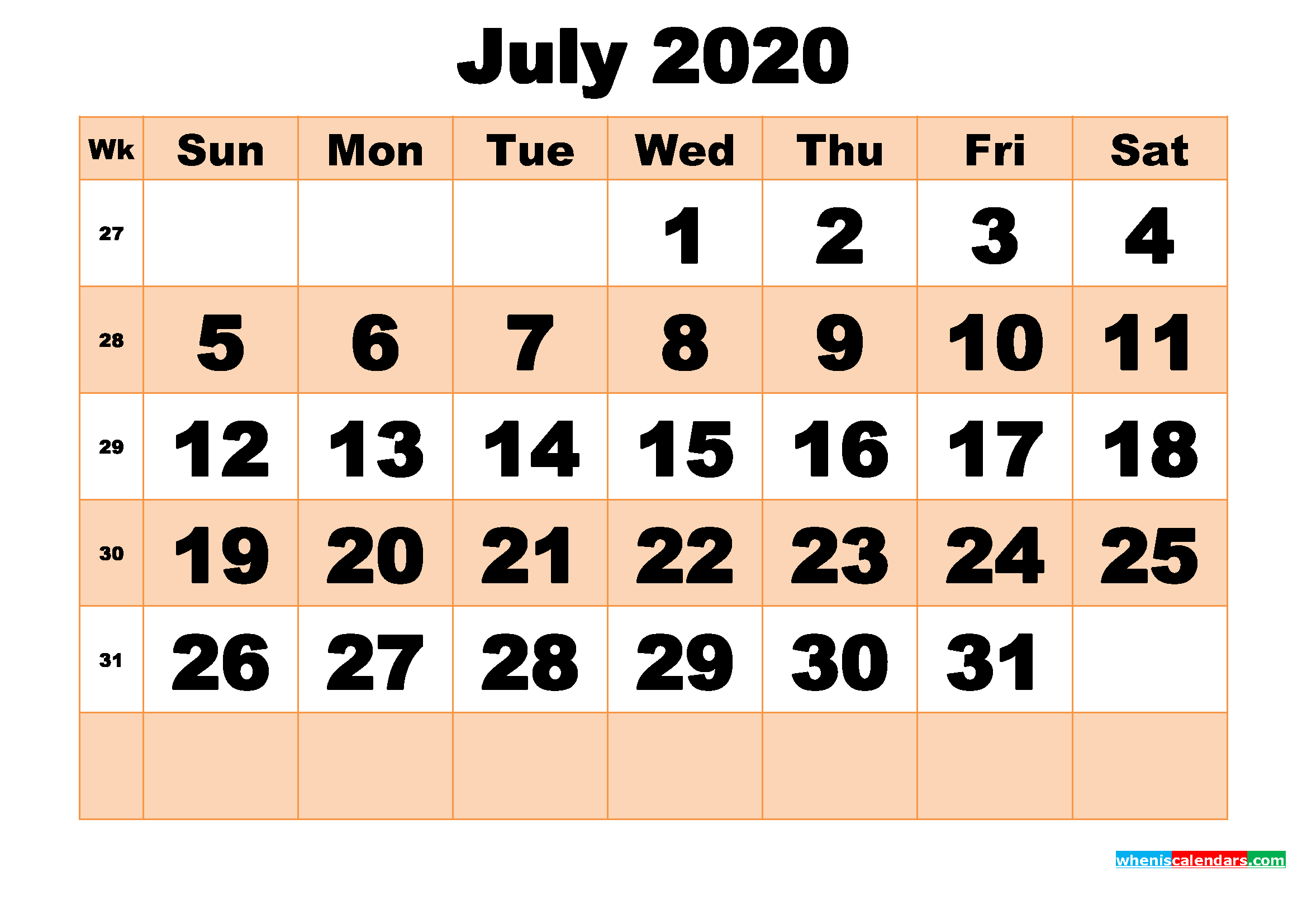 Free Printable July 2020 Calendar Template Word, PDF