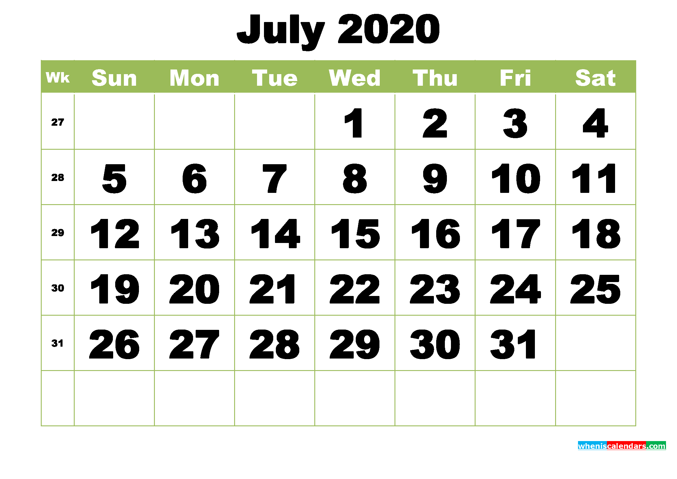 Free Printable Monthly Calendar July 2020