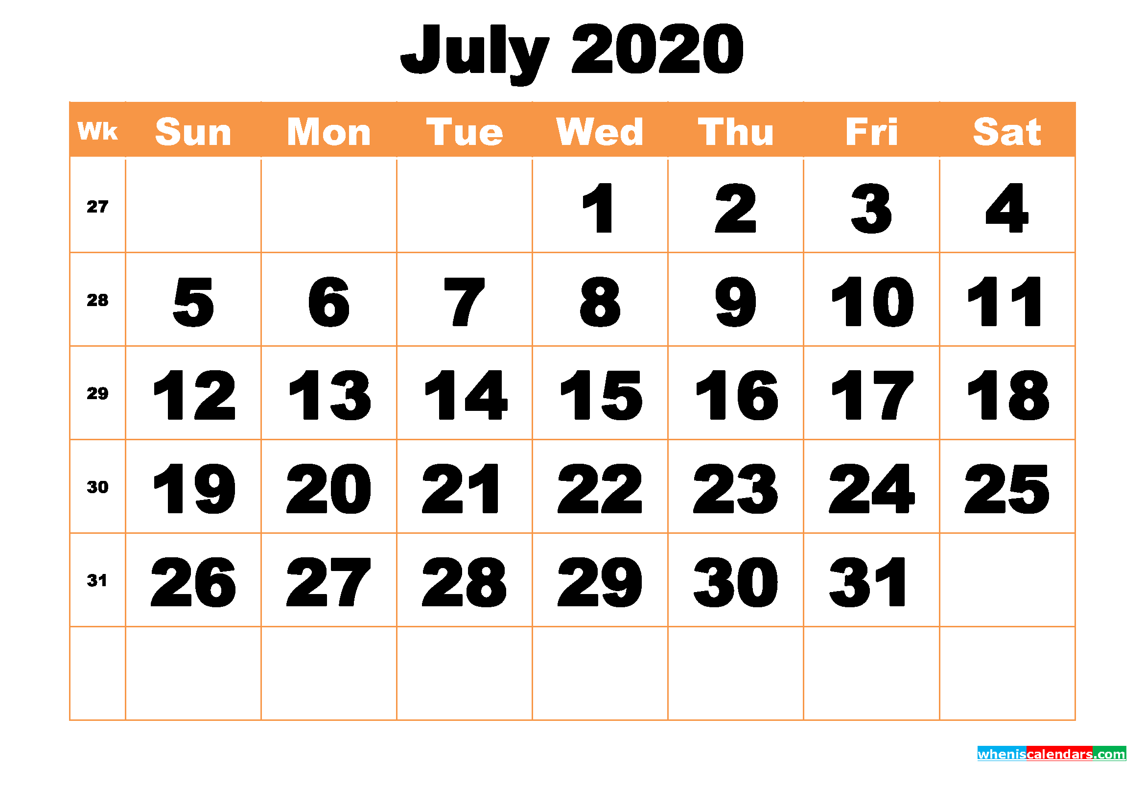 Free Printable July 2020 Calendar Word, PDF, Image