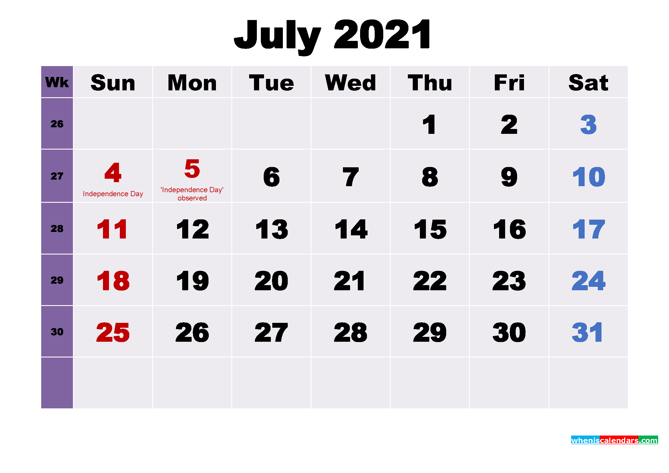 Printable July 2021 Calendar with Holidays Word, PDF