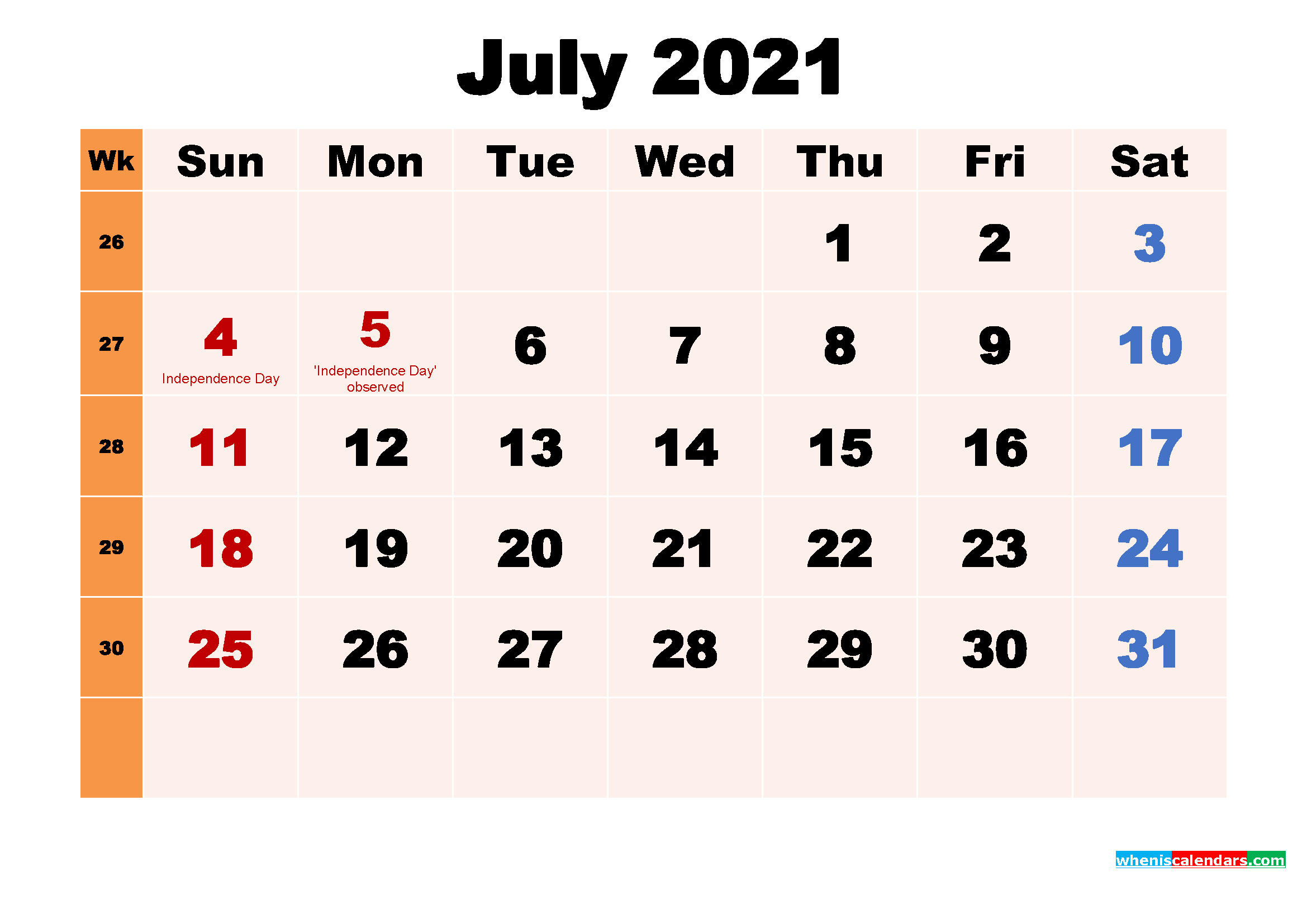 July 2021 Printable Calendar with Holidays Word, PDF