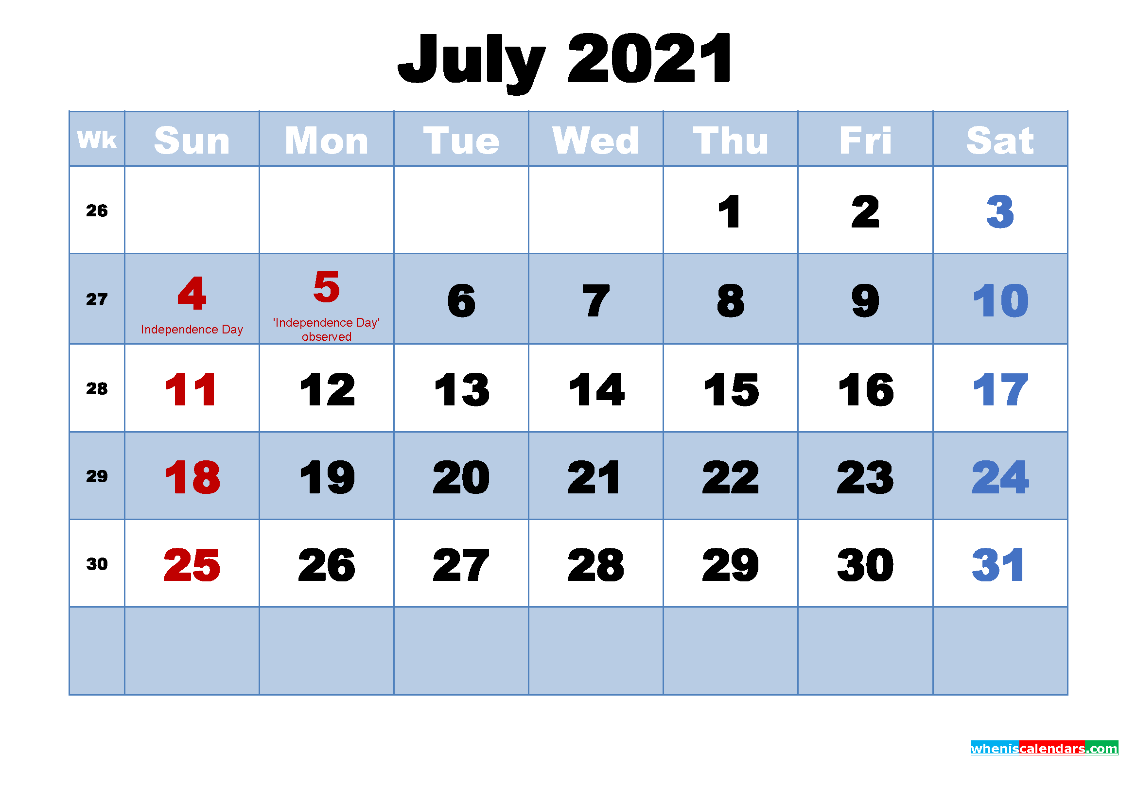 Free Printable 2021 Calendar July as Word, PDF